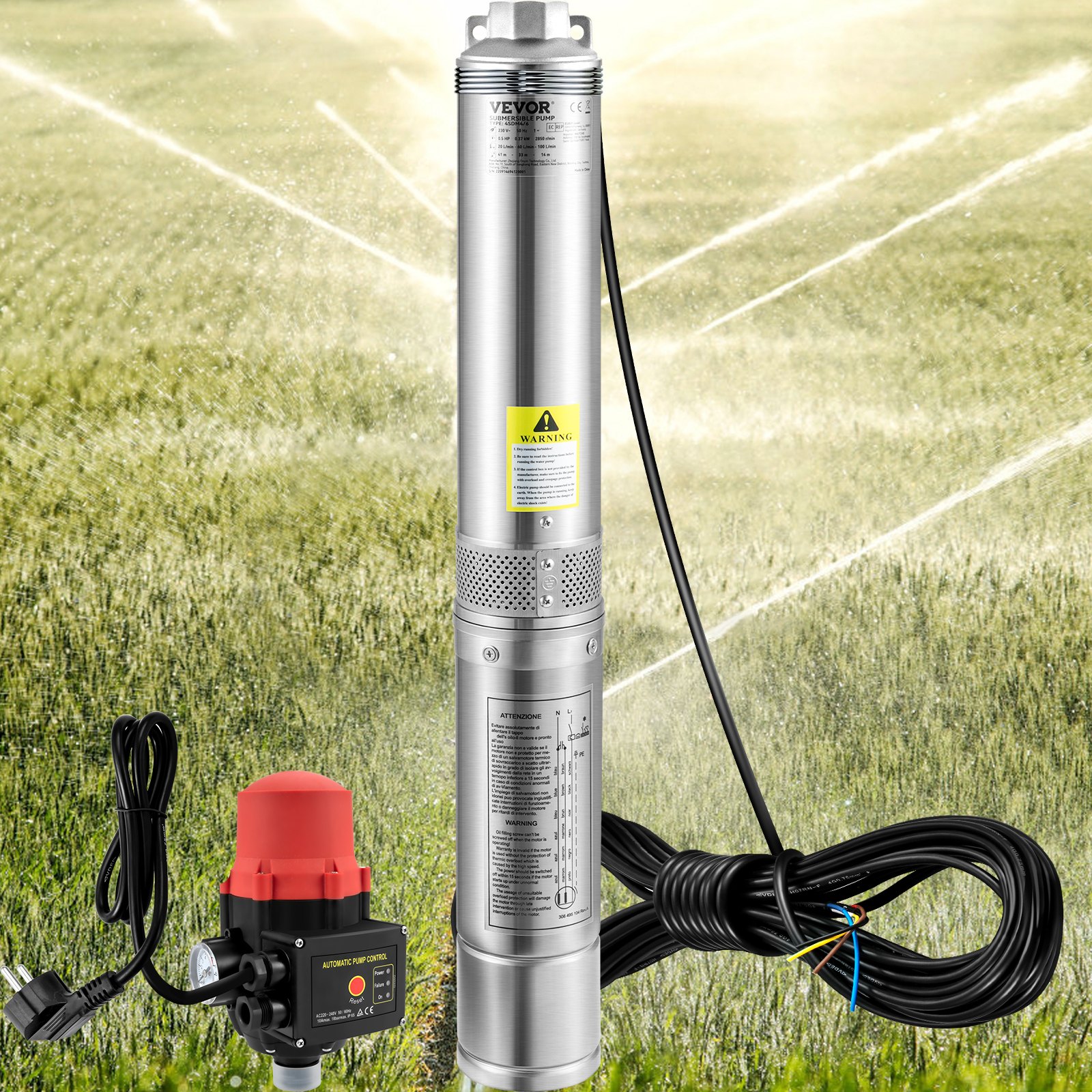 VEVOR Deep Well Submersible Pump, 550W 230V/50Hz, 50L/min 89 m Head, 20 m Cord & Automatic Pressure Switch, 8.2 cm Stainless Steel Water Pumps for Industrial, Irrigation & Home Use, IP68 Waterproof