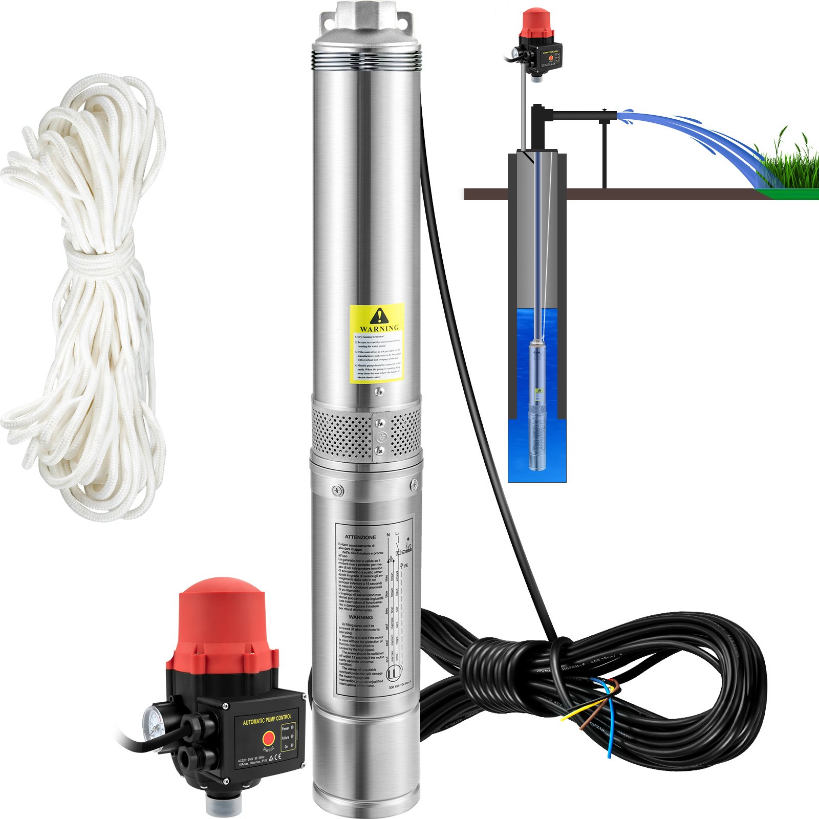 VEVOR Deep Well Submersible Pump, 550W 230V/50Hz, 50L/min 89 m Head, 20 m Cord & Automatic Pressure Switch, 8.2 cm Stainless Steel Water Pumps for Industrial, Irrigation & Home Use, IP68 Waterproof