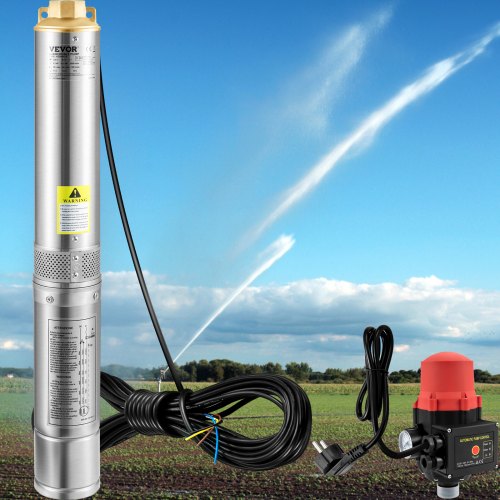 VEVOR Deep Well Submersible Pump, 750W 230V/50Hz, 105L/min 62 m Head, 20 m Cord & Automatic Pressure Switch, 8.9 cm Stainless Steel Water Pumps for Industrial, Irrigation & Home Use, IP68 Waterproof