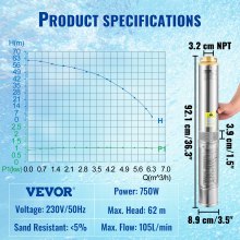 VEVOR mélykút-búvárszivattyú, 750 W 230 V/50 Hz, 105 L/perc 62 m fej, 20 m vezeték és automatikus nyomáskapcsoló, 8,9 cm-es rozsdamentes acél vízszivattyúk ipari, öntözési és otthoni használatra, IP68 vízálló