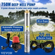 VEVOR Deep Well Submersible Pump, 750W 230V/50Hz, 105L/min 62 m Head, 20 m Cord & Automatic Pressure Switch, 8.9 cm Stainless Steel Water Pumps for Industrial, Irrigation & Home Use, IP68 Waterproof