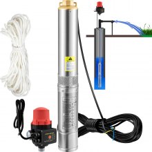 VEVOR Deep Well Submersible Pump, 750W 230V/50Hz, 105L/min 62 m Head, 20 m Cord & Automatic Pressure Switch, 8.9 cm Stainless Steel Water Pumps for Industrial, Irrigation & Home Use, IP68 Waterproof