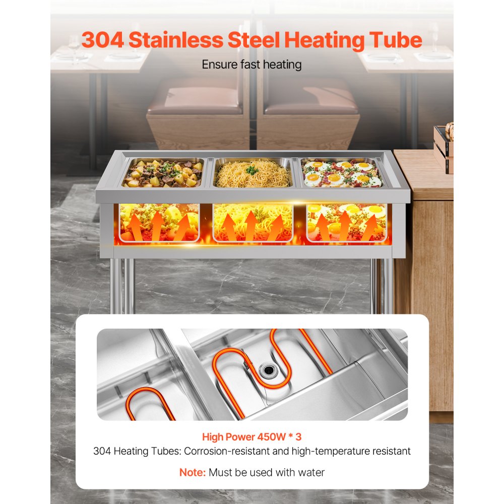 VEVOR 3-Pan Commercial Food Warmer, Electric Steam Table with Independent Temperature Control, 450W x 3 Stainless Steel Buffet Catering Food Warmer with Undershelf, for Restaurant Party