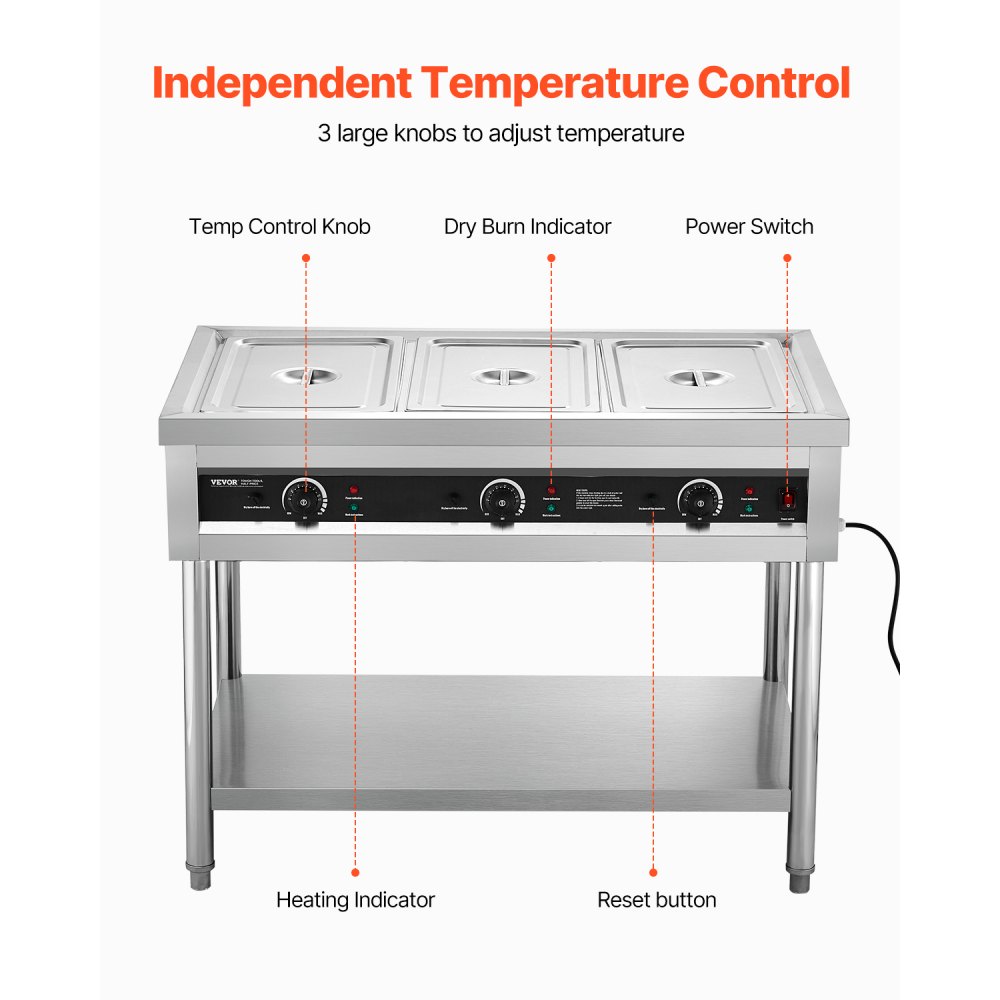 VEVOR 3-Pan Commercial Food Warmer, Electric Steam Table with Independent Temperature Control, 450W x 3 Stainless Steel Buffet Catering Food Warmer with Undershelf, for Restaurant Party