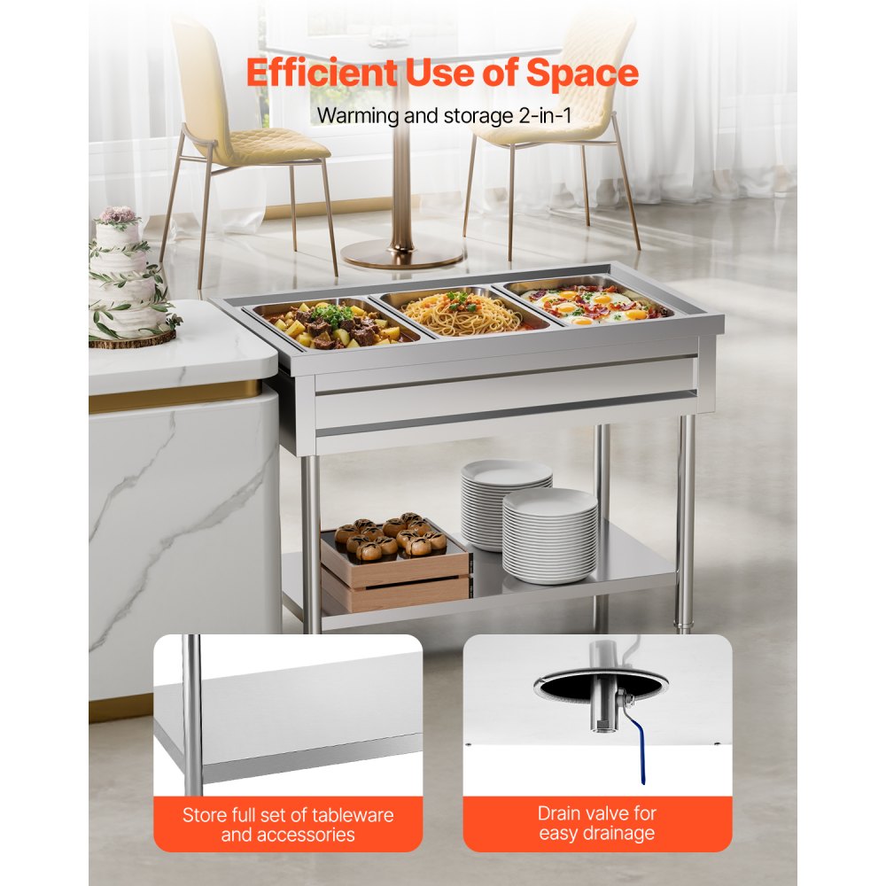 VEVOR 3-Pan Commercial Food Warmer, Electric Steam Table with Independent Temperature Control, 450W x 3 Stainless Steel Buffet Catering Food Warmer with Undershelf, for Restaurant Party