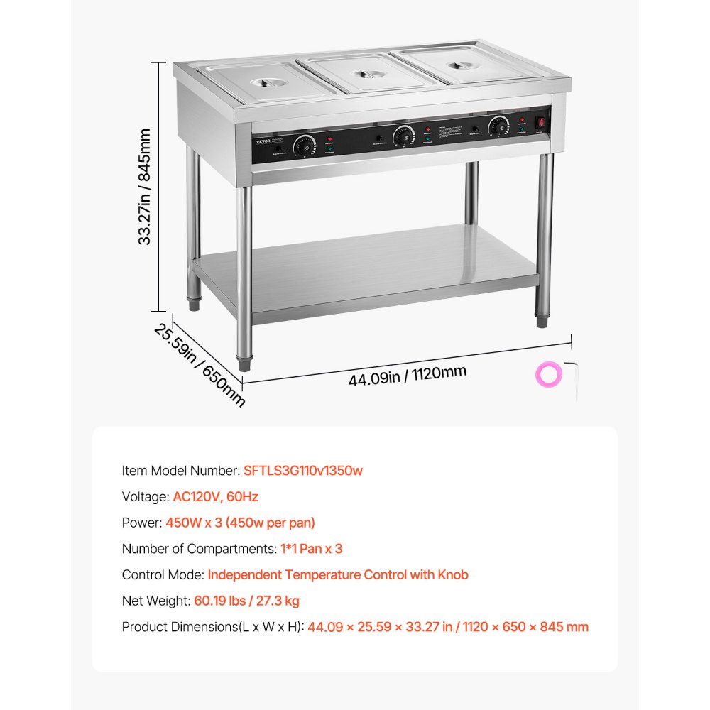 VEVOR 3-Pan Commercial Food Warmer, Electric Steam Table with Independent Temperature Control, 450W x 3 Stainless Steel Buffet Catering Food Warmer with Undershelf, for Restaurant Party