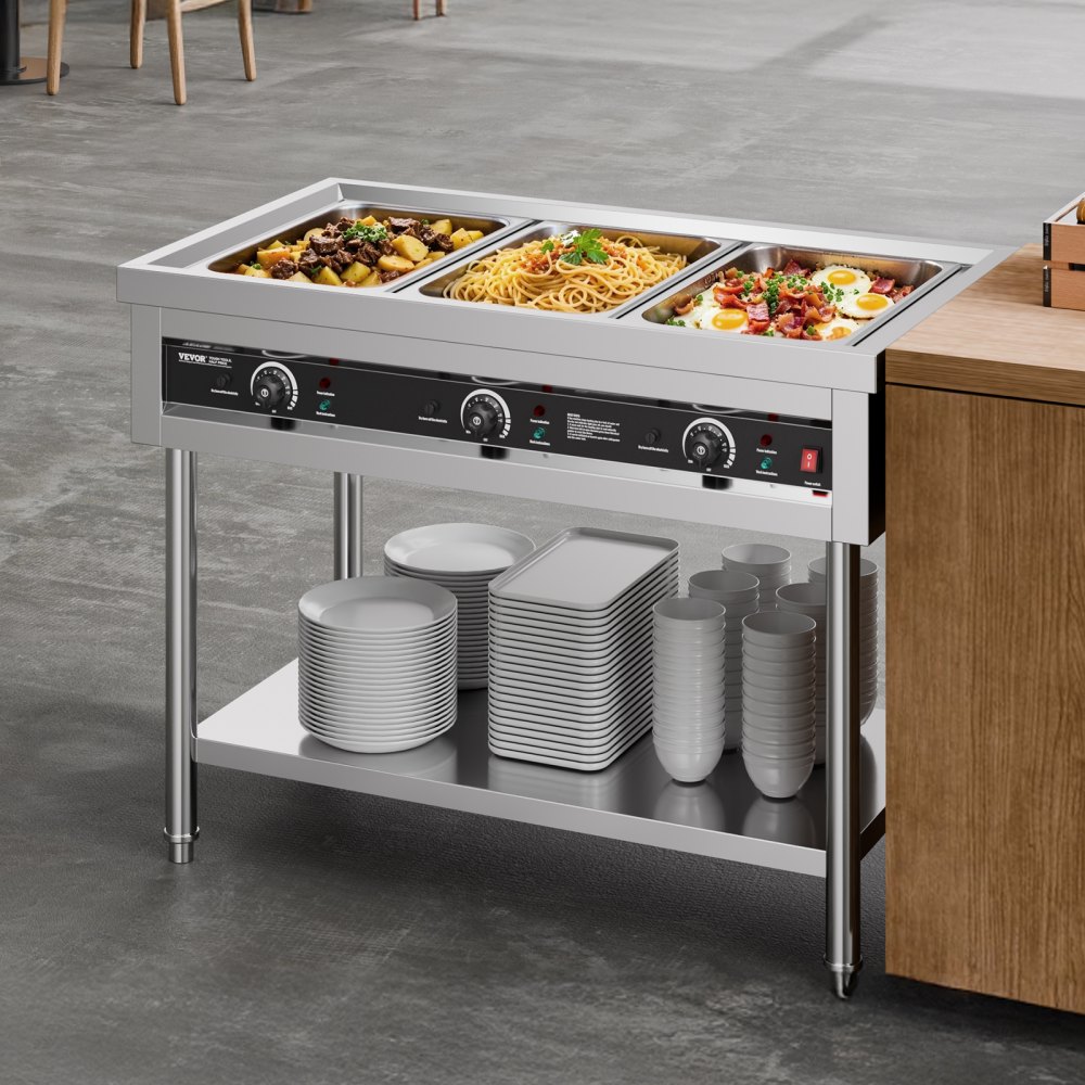 VEVOR 3-Pan Commercial Food Warmer, Electric Steam Table with Independent Temperature Control, 450W x 3 Stainless Steel Buffet Catering Food Warmer with Undershelf, for Restaurant Party