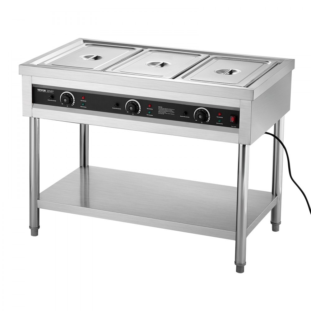 VEVOR 3-Pan Commercial Food Warmer, Electric Steam Table with Independent Temperature Control, 450W x 3 Stainless Steel Buffet Catering Food Warmer with Undershelf, for Restaurant Party