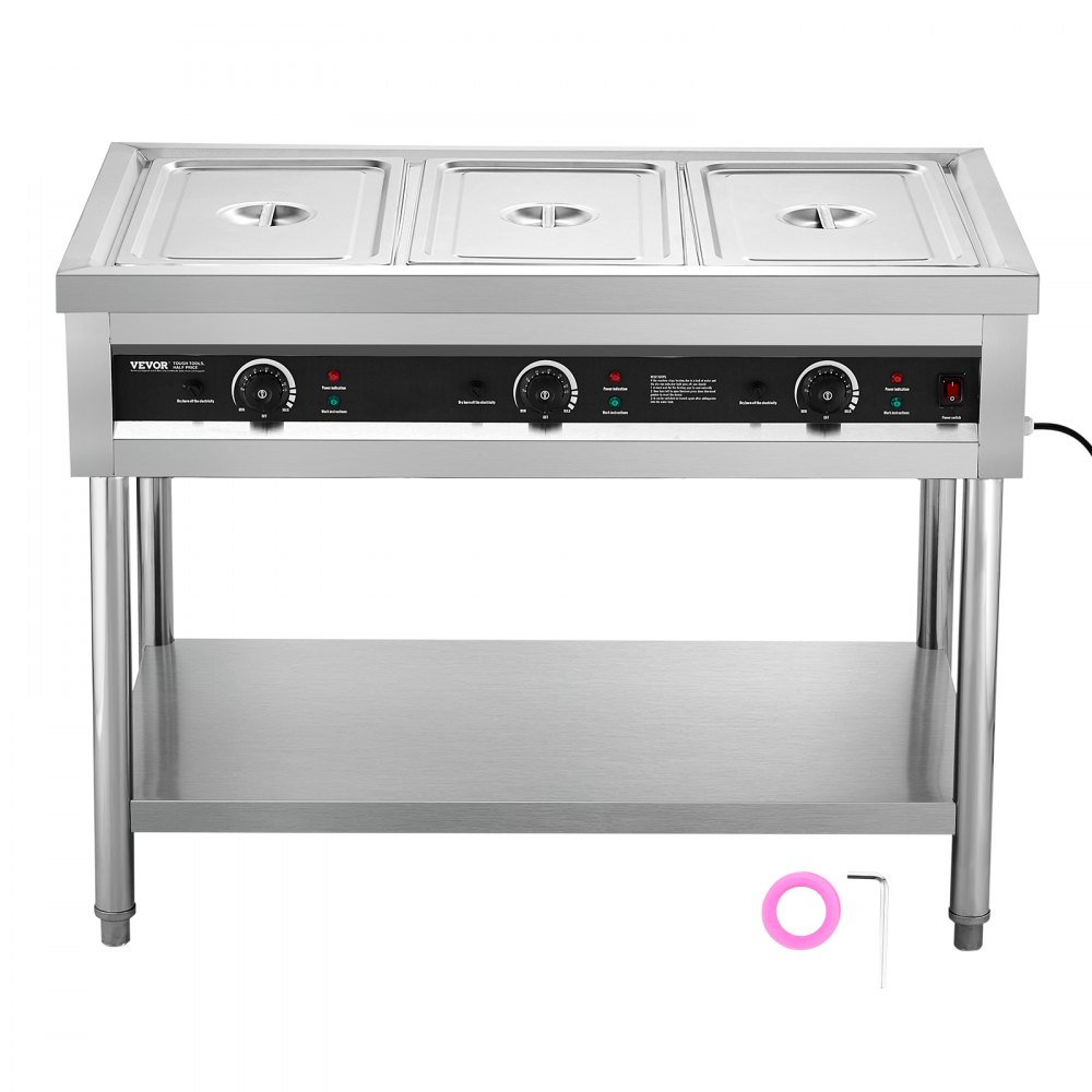 VEVOR 3-Pan Commercial Food Warmer, Electric Steam Table with Independent Temperature Control, 450W x 3 Stainless Steel Buffet Catering Food Warmer with Undershelf, for Restaurant Party