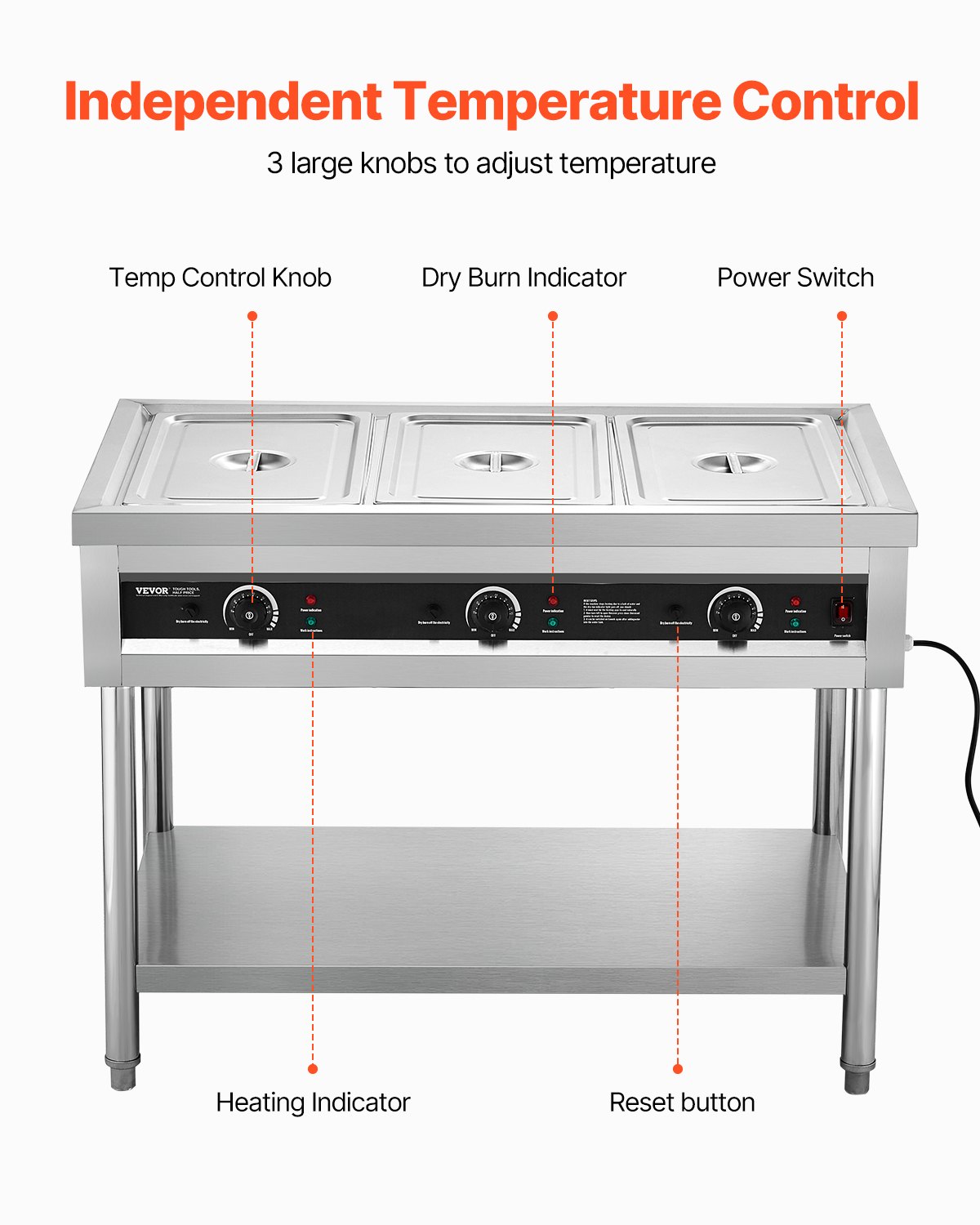 VEVOR 3-Pan Commercial Food Warmer, Electric Steam Table with Independent Temperature Control, 450W x 3 Stainless Steel Buffet Catering Food Warmer with Undershelf, for Restaurant Party