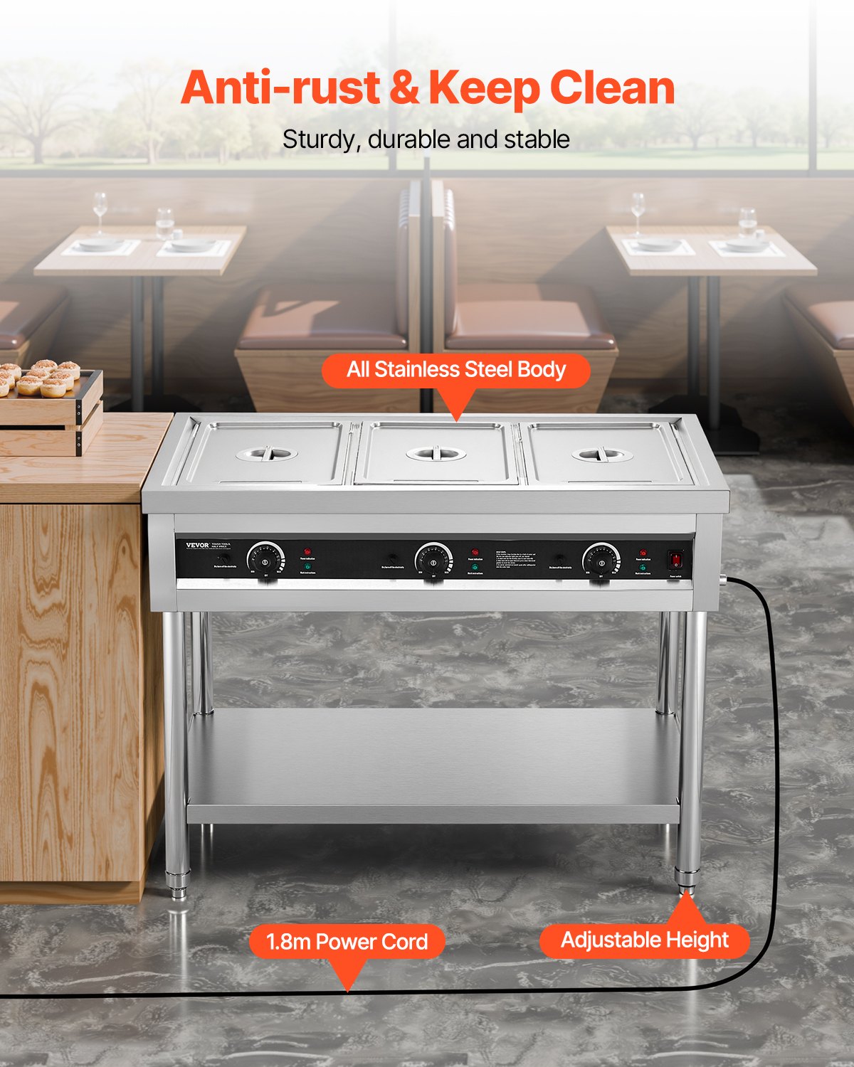 VEVOR 3-Pan Commercial Food Warmer, Electric Steam Table with Independent Temperature Control, 450W x 3 Stainless Steel Buffet Catering Food Warmer with Undershelf, for Restaurant Party