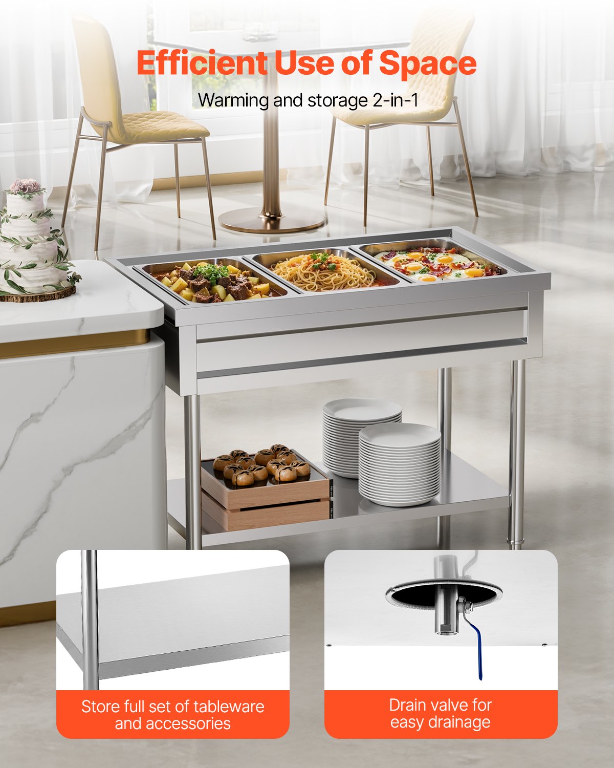 VEVOR 3-Pan Commercial Food Warmer, Electric Steam Table with Independent Temperature Control, 450W x 3 Stainless Steel Buffet Catering Food Warmer with Undershelf, for Restaurant Party