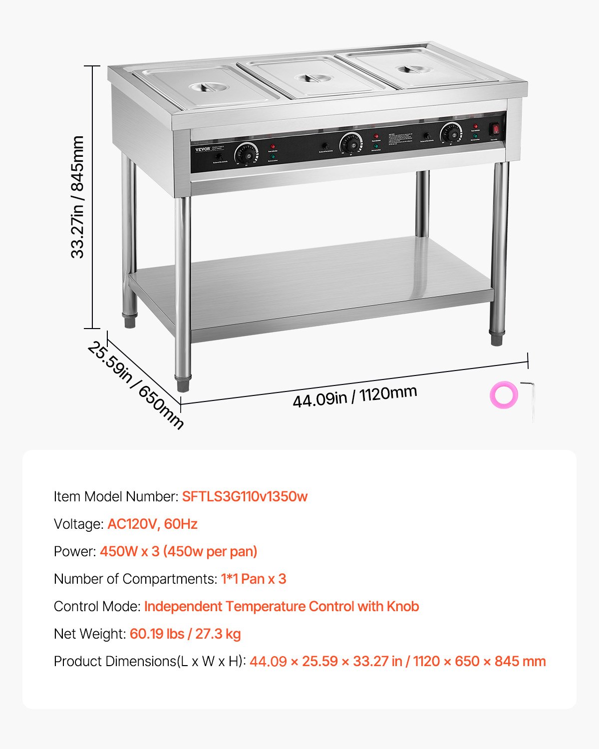 VEVOR 3-Pan Commercial Food Warmer, Electric Steam Table with Independent Temperature Control, 450W x 3 Stainless Steel Buffet Catering Food Warmer with Undershelf, for Restaurant Party