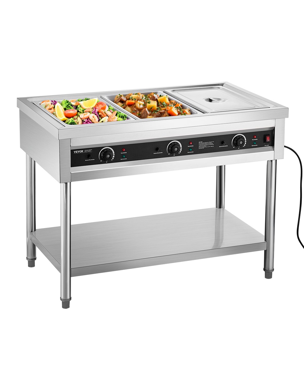 VEVOR 3-Pan Commercial Food Warmer, Electric Steam Table with Independent Temperature Control, 450W x 3 Stainless Steel Buffet Catering Food Warmer with Undershelf, for Restaurant Party