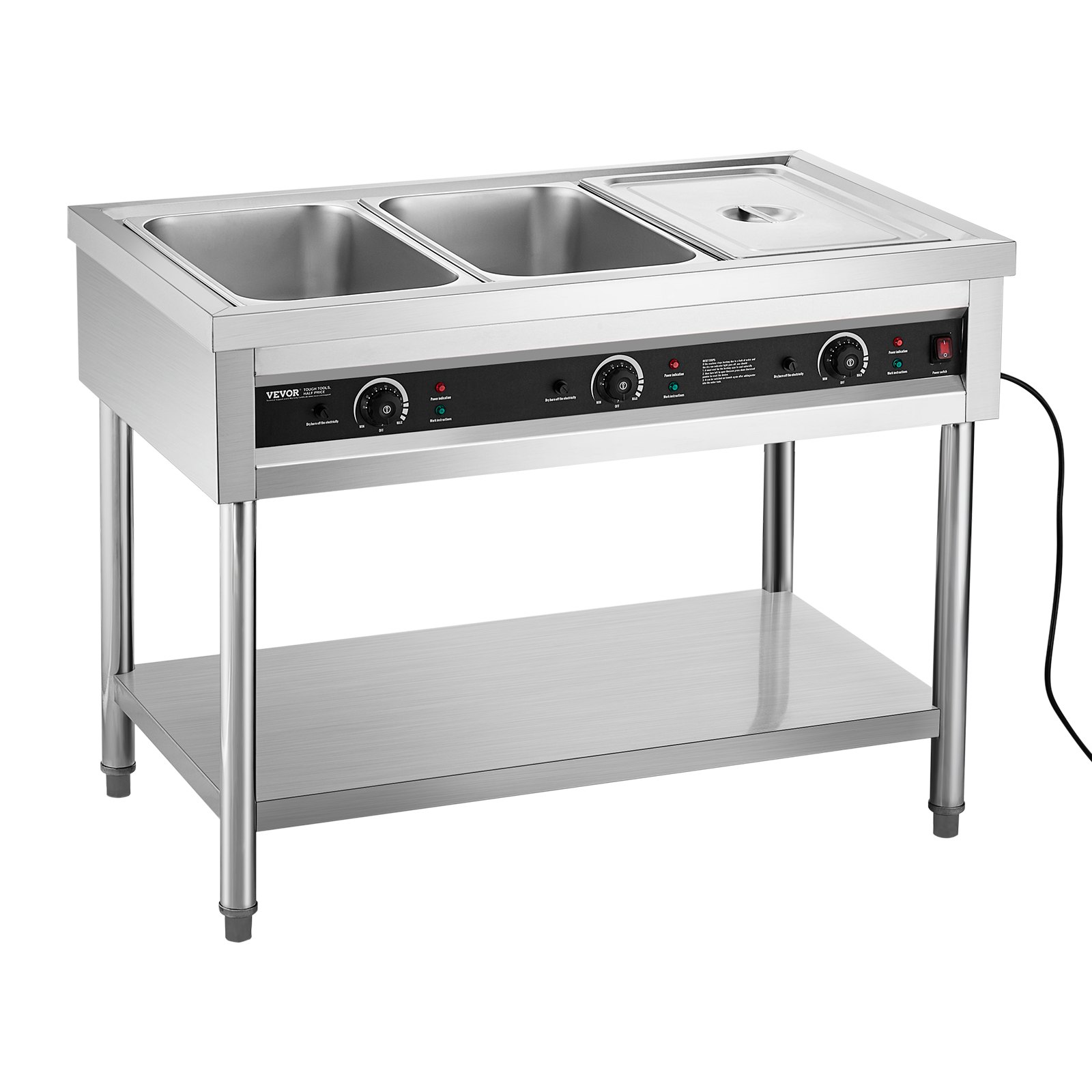VEVOR 3-Pan Commercial Food Warmer, Electric Steam Table with Independent Temperature Control, 450W x 3 Stainless Steel Buffet Catering Food Warmer with Undershelf, for Restaurant Party