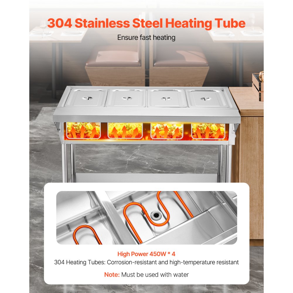 VEVOR 4-Pan Commercial Food Warmer, Electric Steam Table with Independent Temperature Control, 450W x 4 Stainless Steel Buffet Catering Food Warmer with Undershelf and Workspace, for Restaurant