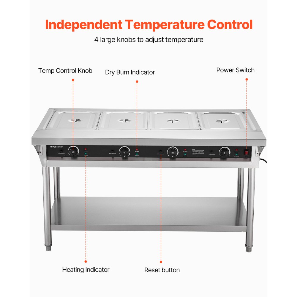 VEVOR 4-Pan Commercial Food Warmer, Electric Steam Table with Independent Temperature Control, 450W x 4 Stainless Steel Buffet Catering Food Warmer with Undershelf and Workspace, for Restaurant