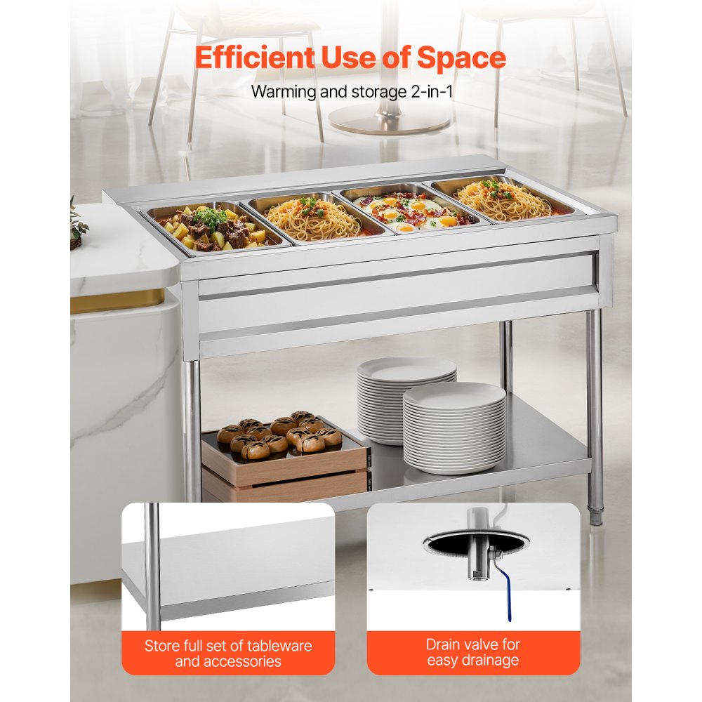 VEVOR 4-Pan Commercial Food Warmer, Electric Steam Table with Independent Temperature Control, 450W x 4 Stainless Steel Buffet Catering Food Warmer with Undershelf and Workspace, for Restaurant