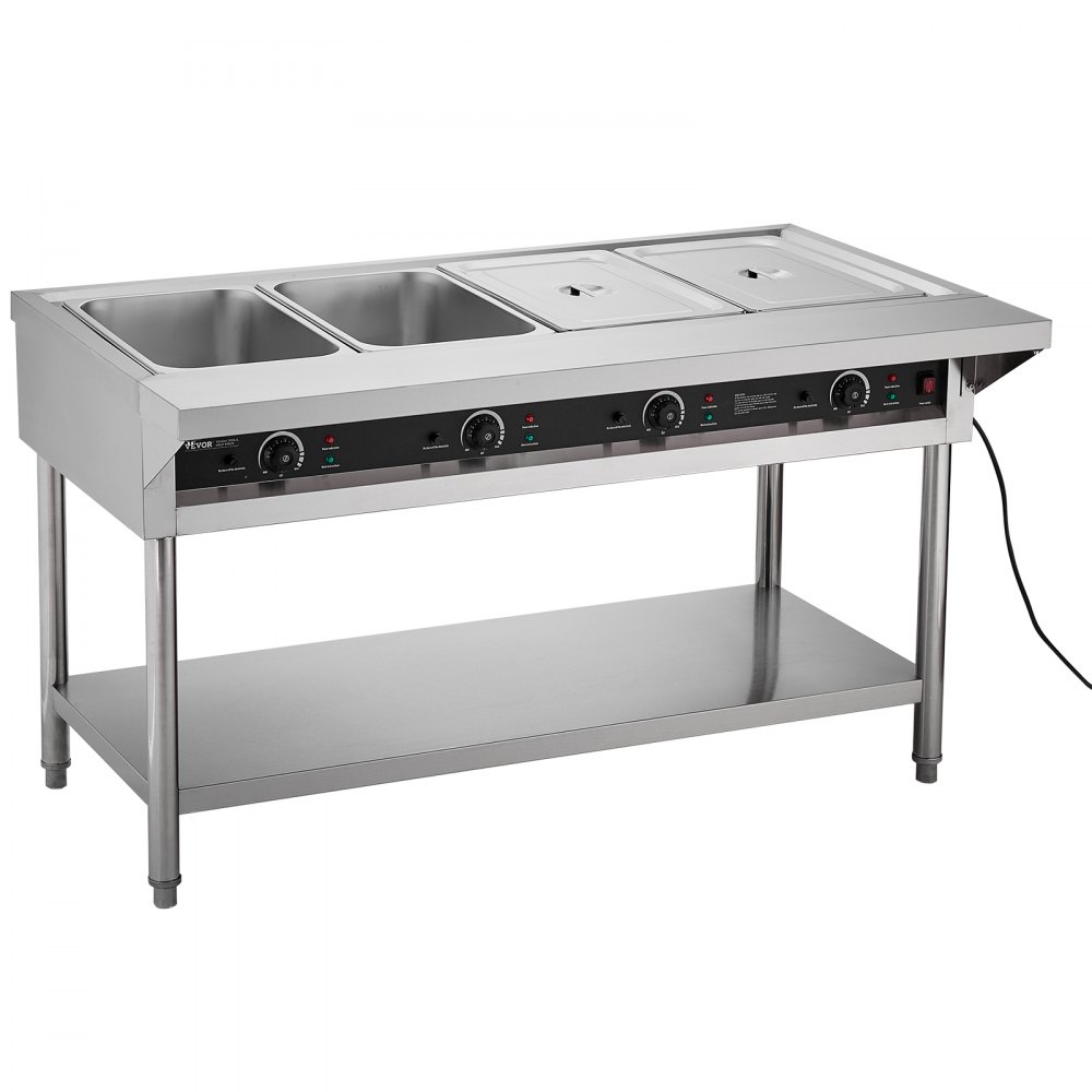 VEVOR 4-Pan Commercial Food Warmer, Electric Steam Table with Independent Temperature Control, 450W x 4 Stainless Steel Buffet Catering Food Warmer with Undershelf and Workspace, for Restaurant