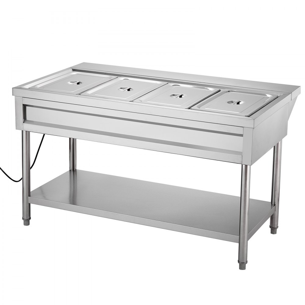 VEVOR 4-Pan Commercial Food Warmer, Electric Steam Table with Independent Temperature Control, 450W x 4 Stainless Steel Buffet Catering Food Warmer with Undershelf and Workspace, for Restaurant