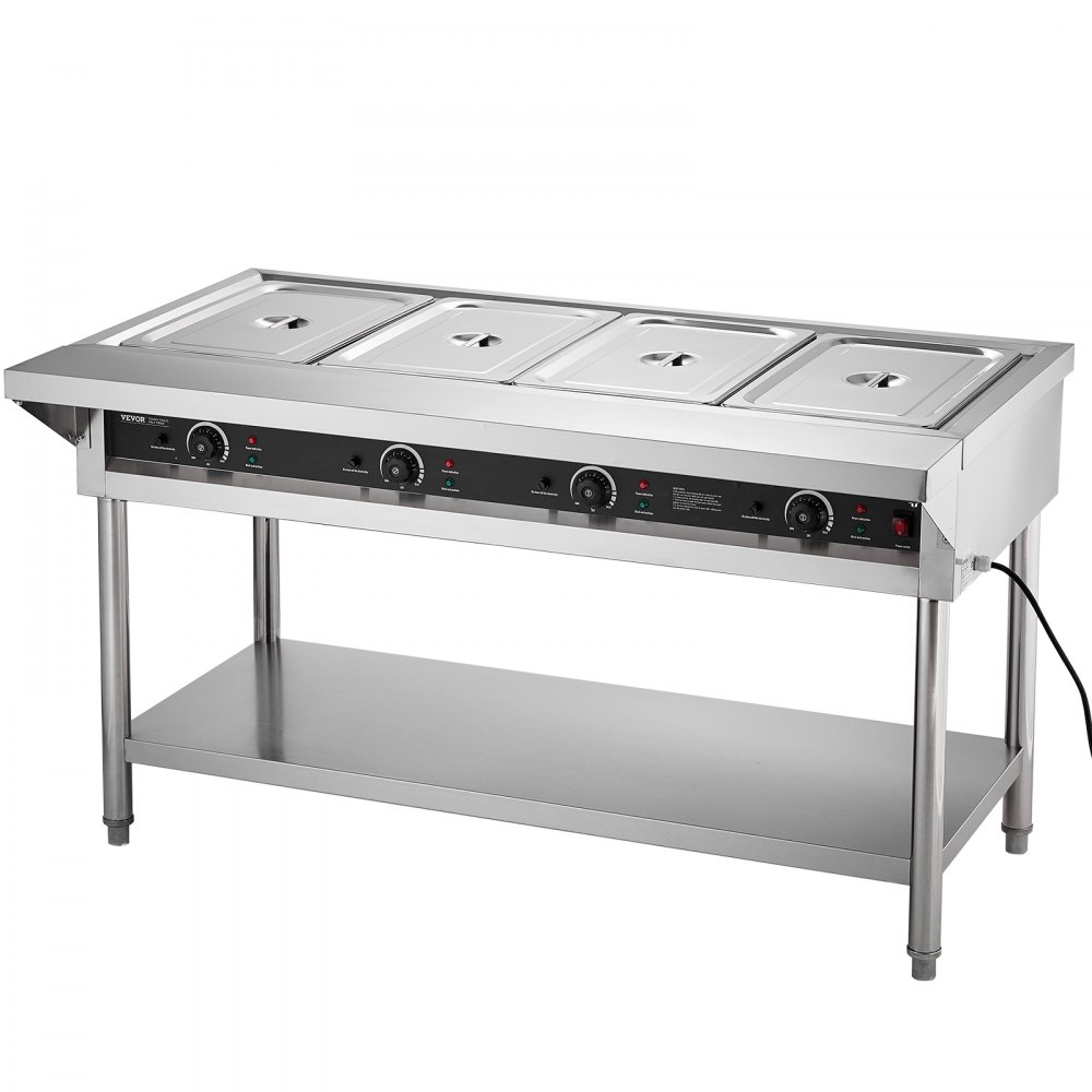 VEVOR 4-Pan Commercial Food Warmer, Electric Steam Table with Independent Temperature Control, 450W x 4 Stainless Steel Buffet Catering Food Warmer with Undershelf and Workspace, for Restaurant