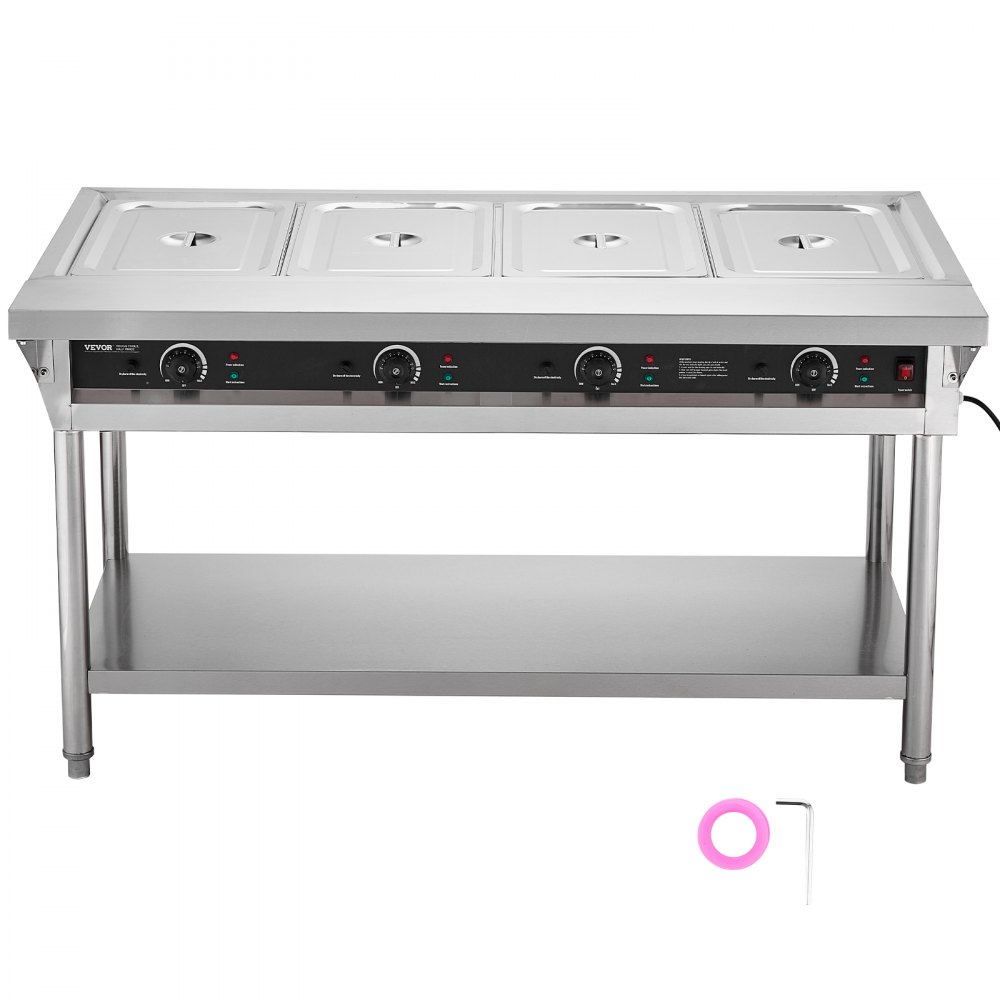 VEVOR 4-Pan Commercial Food Warmer, Electric Steam Table with Independent Temperature Control, 450W x 4 Stainless Steel Buffet Catering Food Warmer with Undershelf and Workspace, for Restaurant