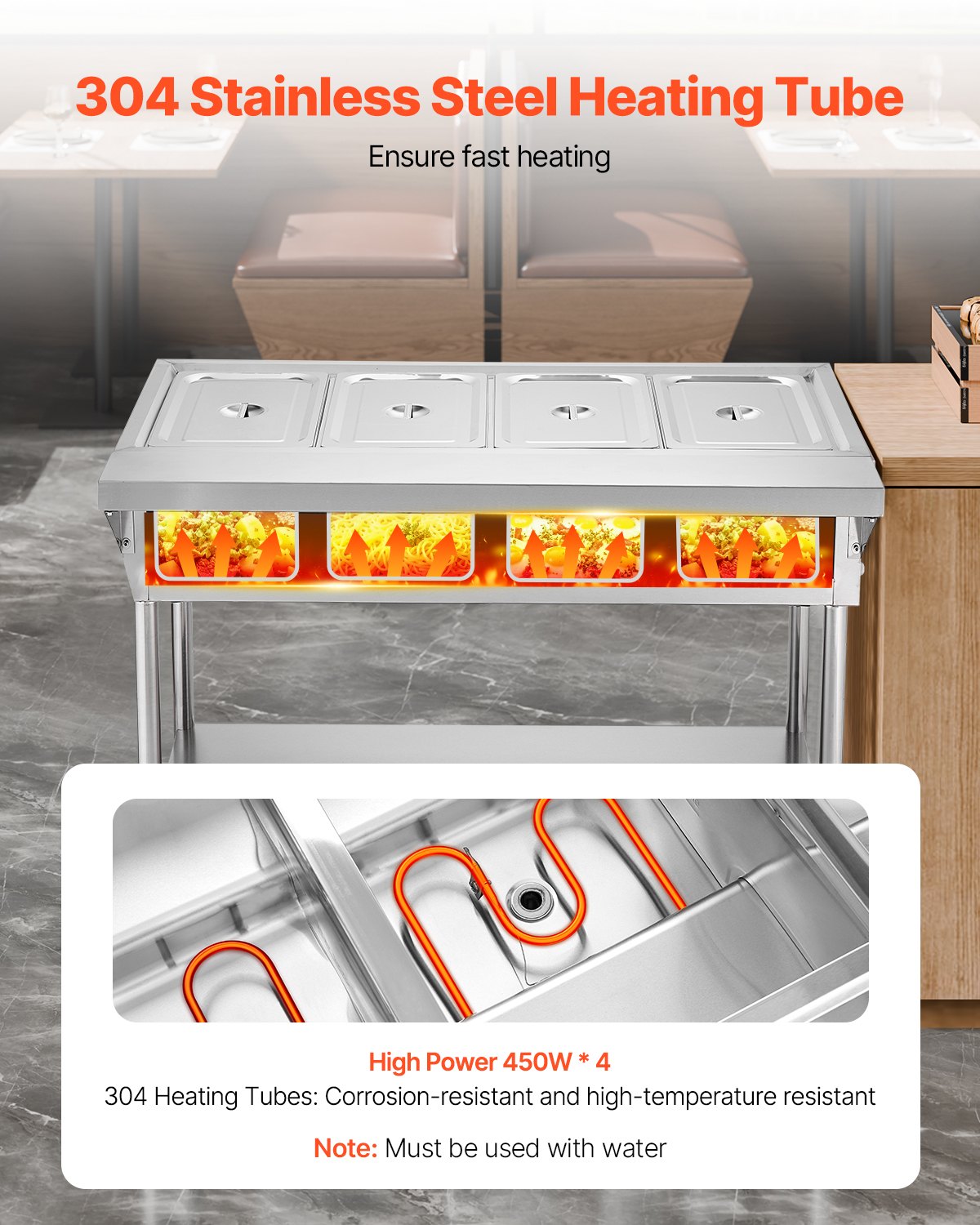 VEVOR 4-Pan Commercial Food Warmer, Electric Steam Table with Independent Temperature Control, 450W x 4 Stainless Steel Buffet Catering Food Warmer with Undershelf and Workspace, for Restaurant