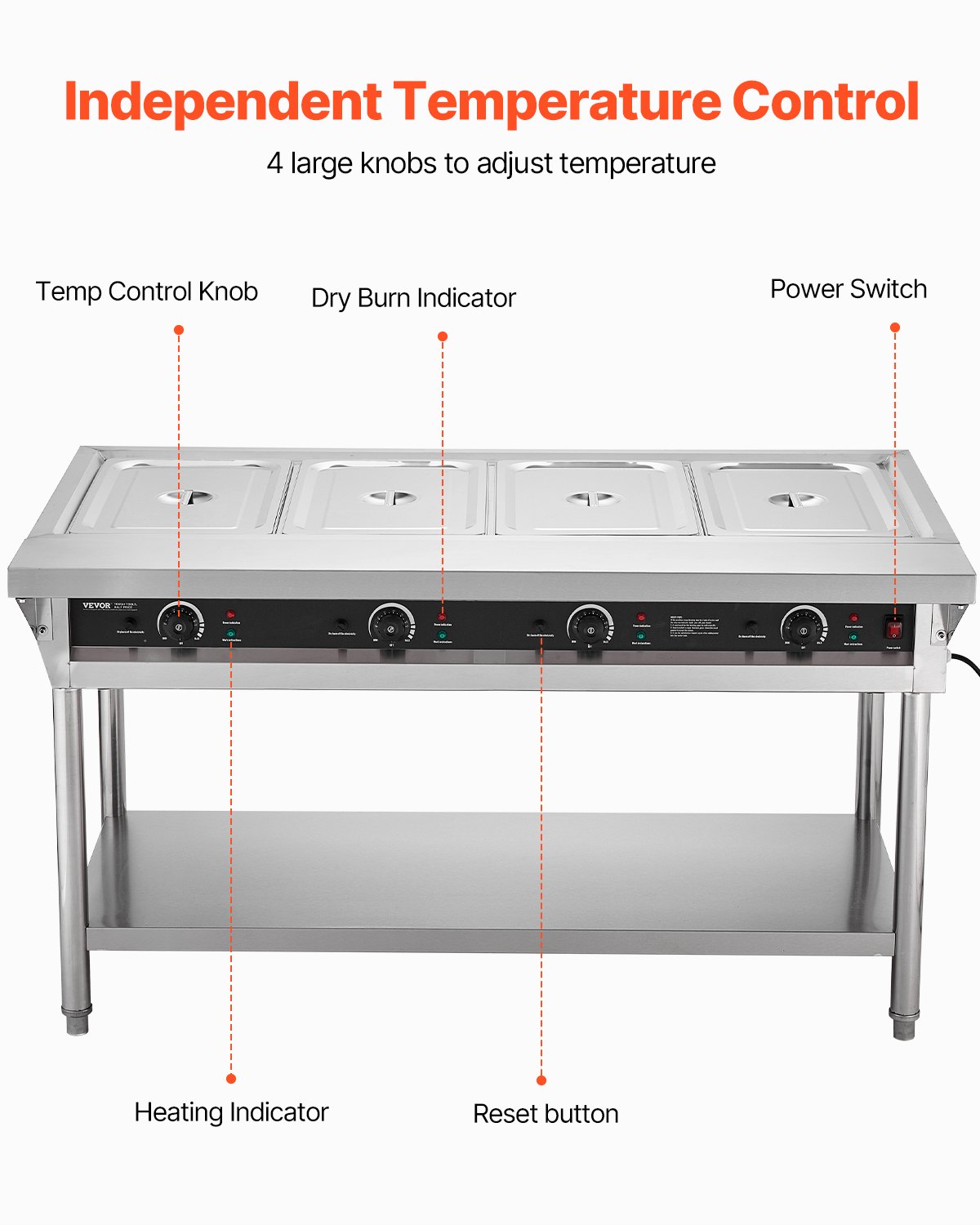 VEVOR 4-Pan Commercial Food Warmer, Electric Steam Table with Independent Temperature Control, 450W x 4 Stainless Steel Buffet Catering Food Warmer with Undershelf and Workspace, for Restaurant