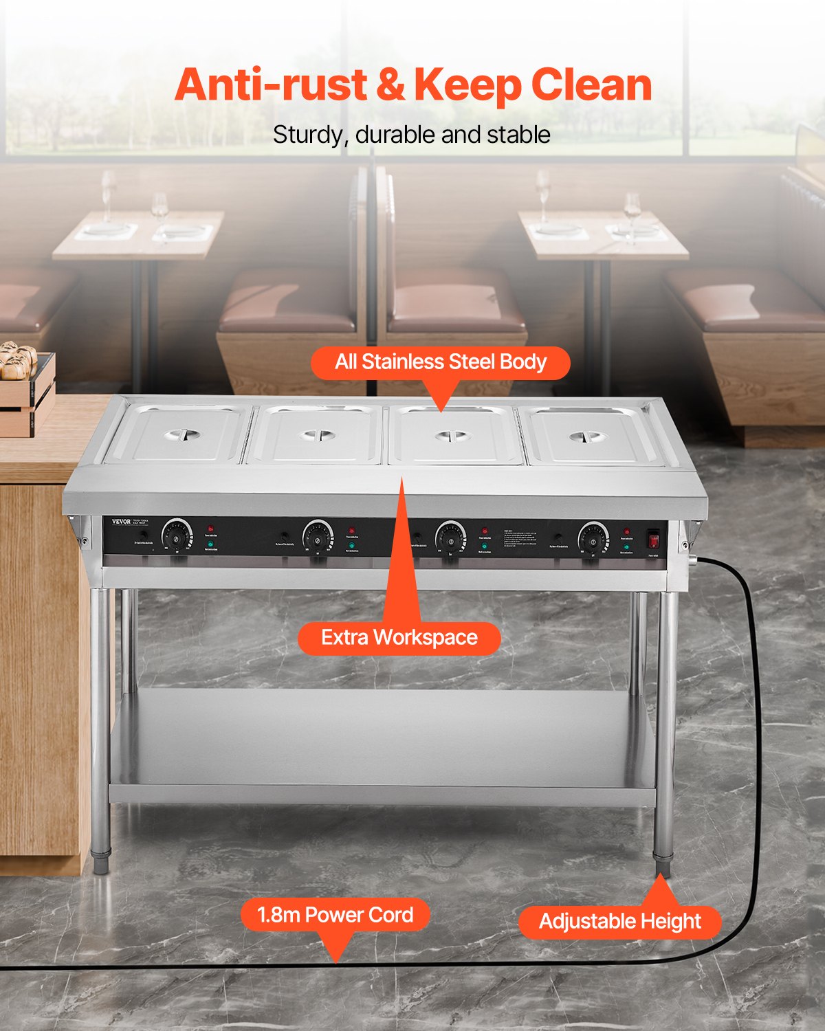 VEVOR 4-Pan Commercial Food Warmer, Electric Steam Table with Independent Temperature Control, 450W x 4 Stainless Steel Buffet Catering Food Warmer with Undershelf and Workspace, for Restaurant