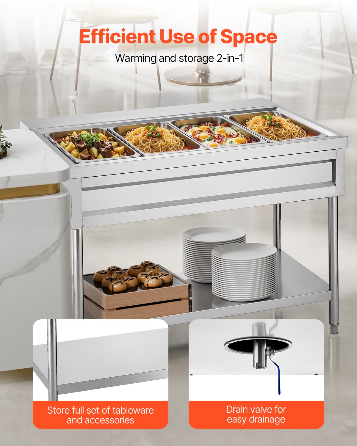 VEVOR 4-Pan Commercial Food Warmer, Electric Steam Table with Independent Temperature Control, 450W x 4 Stainless Steel Buffet Catering Food Warmer with Undershelf and Workspace, for Restaurant