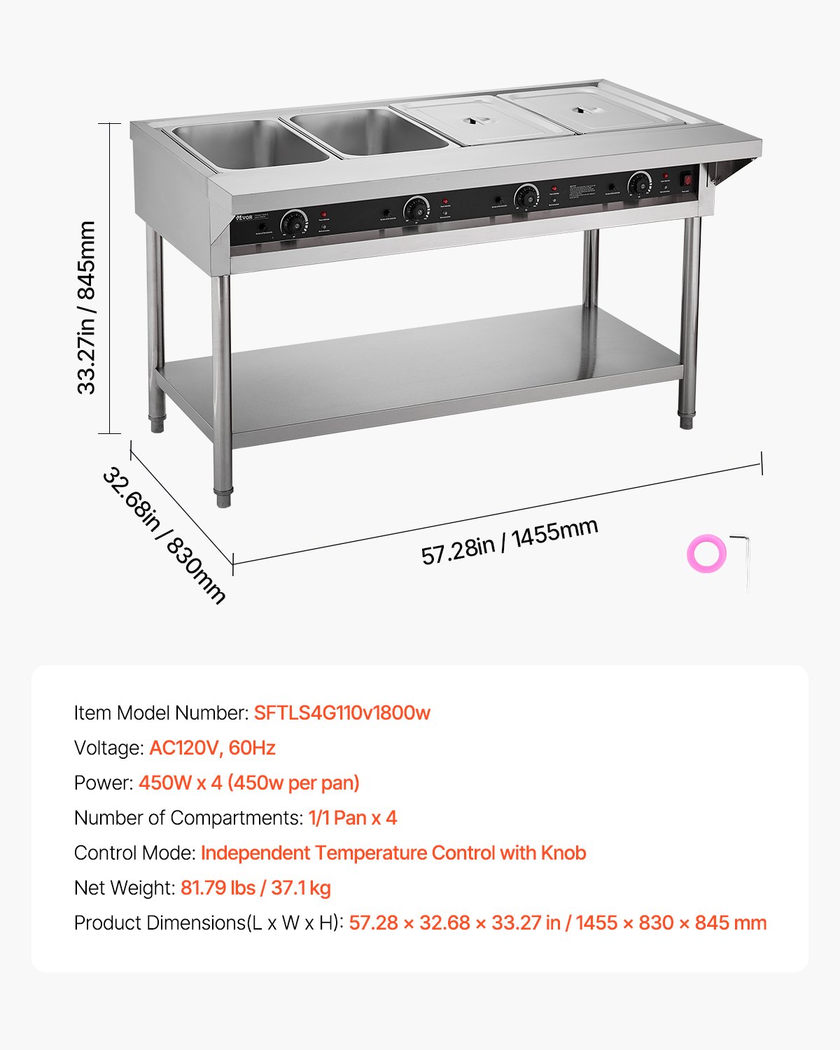 VEVOR 4-Pan Commercial Food Warmer, Electric Steam Table with Independent Temperature Control, 450W x 4 Stainless Steel Buffet Catering Food Warmer with Undershelf and Workspace, for Restaurant