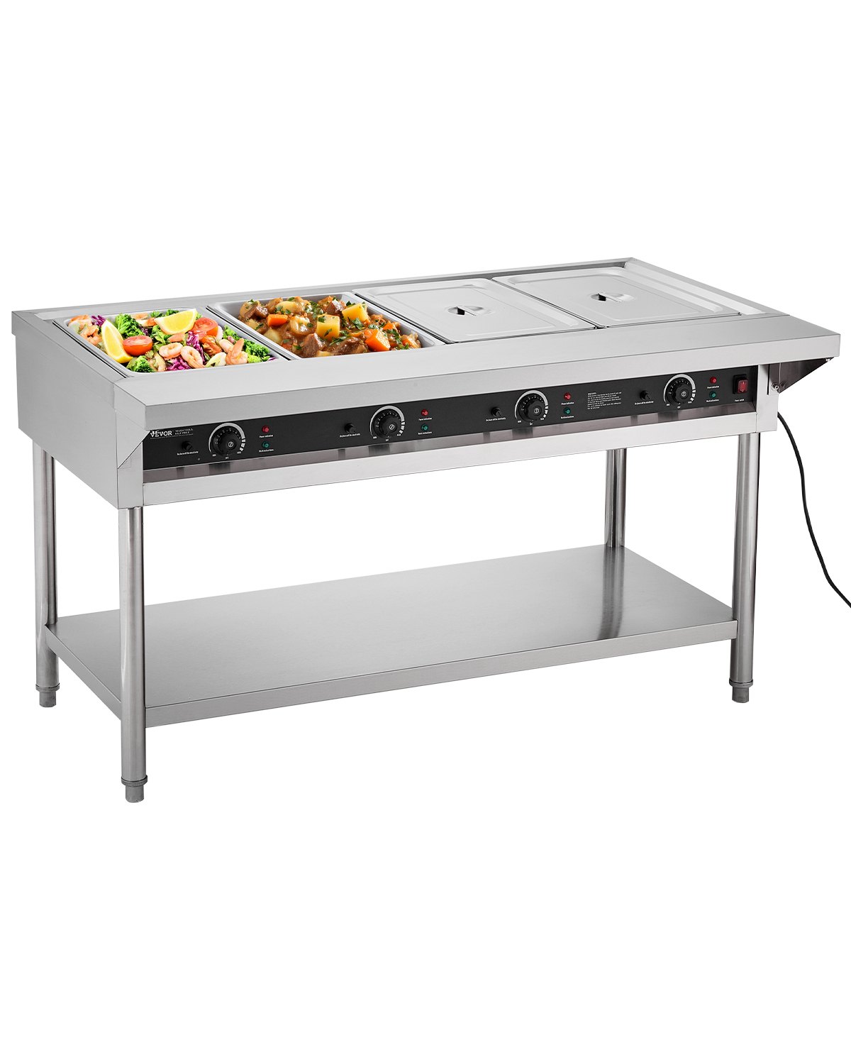 VEVOR 4-Pan Commercial Food Warmer, Electric Steam Table with Independent Temperature Control, 450W x 4 Stainless Steel Buffet Catering Food Warmer with Undershelf and Workspace, for Restaurant