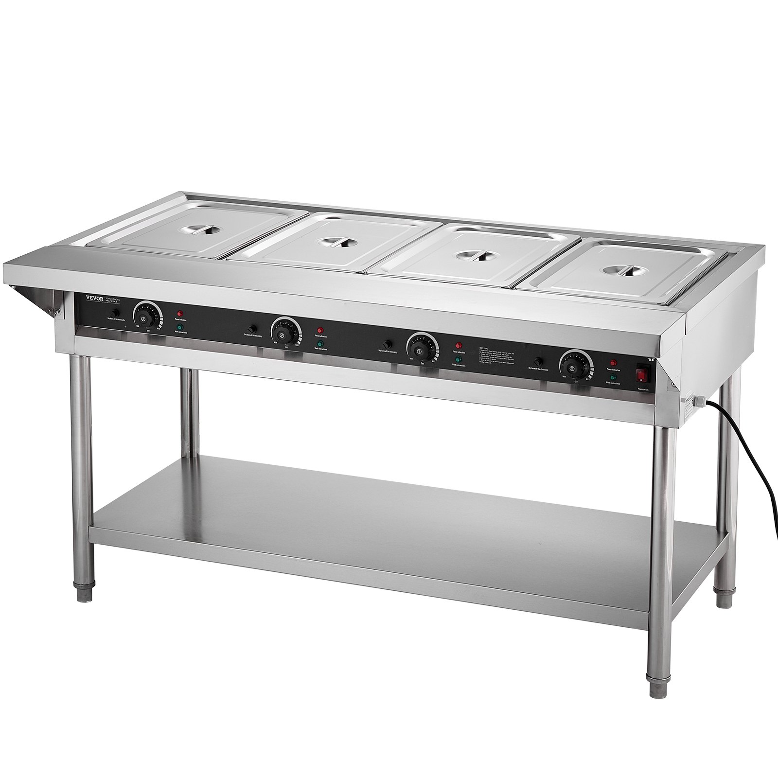VEVOR 4-Pan Commercial Food Warmer, Electric Steam Table with Independent Temperature Control, 450W x 4 Stainless Steel Buffet Catering Food Warmer with Undershelf and Workspace, for Restaurant