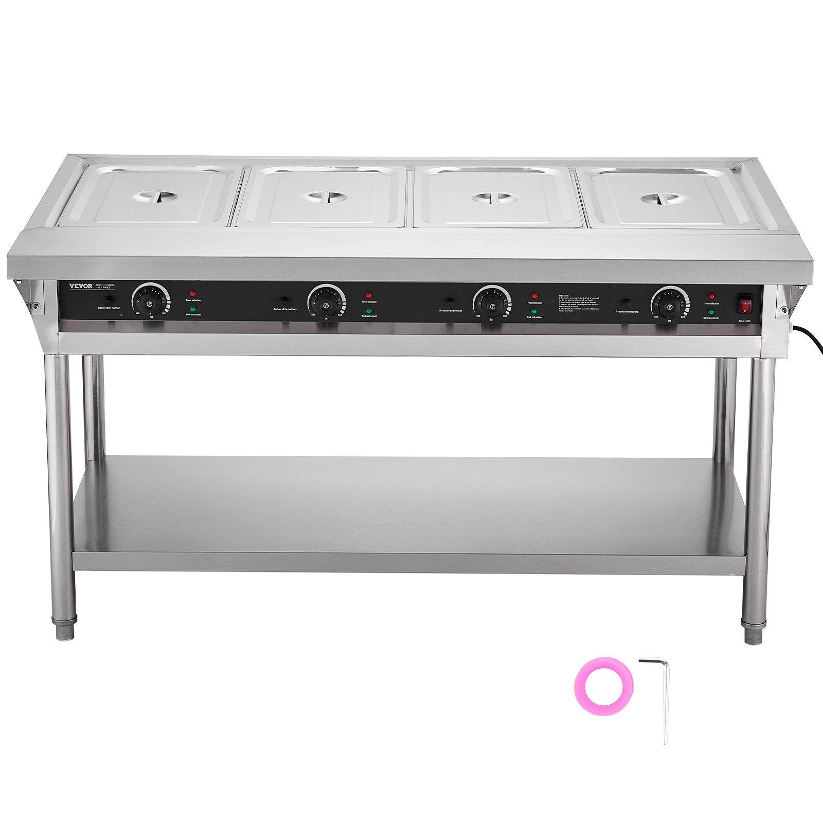 VEVOR 4-Pan Commercial Food Warmer, Electric Steam Table with Independent Temperature Control, 450W x 4 Stainless Steel Buffet Catering Food Warmer with Undershelf and Workspace, for Restaurant
