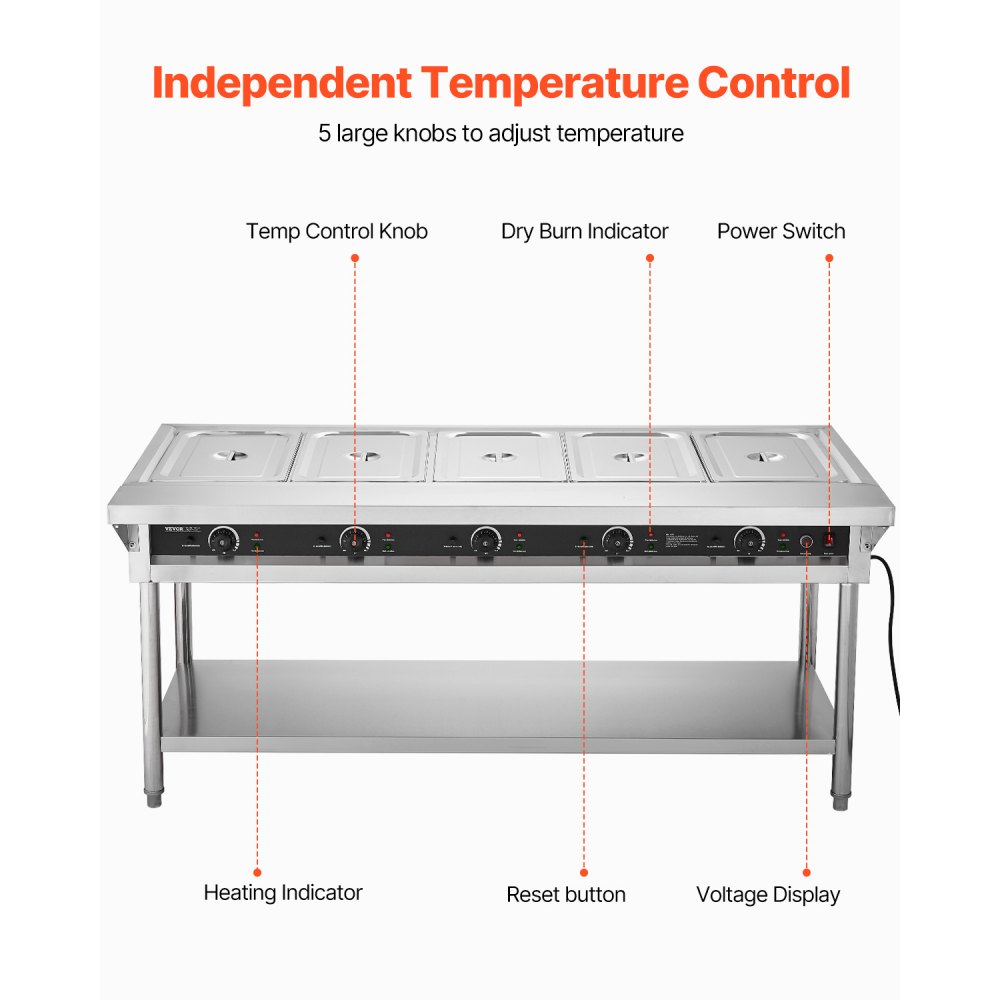 VEVOR 5-Pan Commercial Food Warmer, Electric Steam Table with Independent Temperature Control, 750W x 5 Stainless Steel Buffet Catering Food Warmer with Undershelf and Workspace, for Restaurant