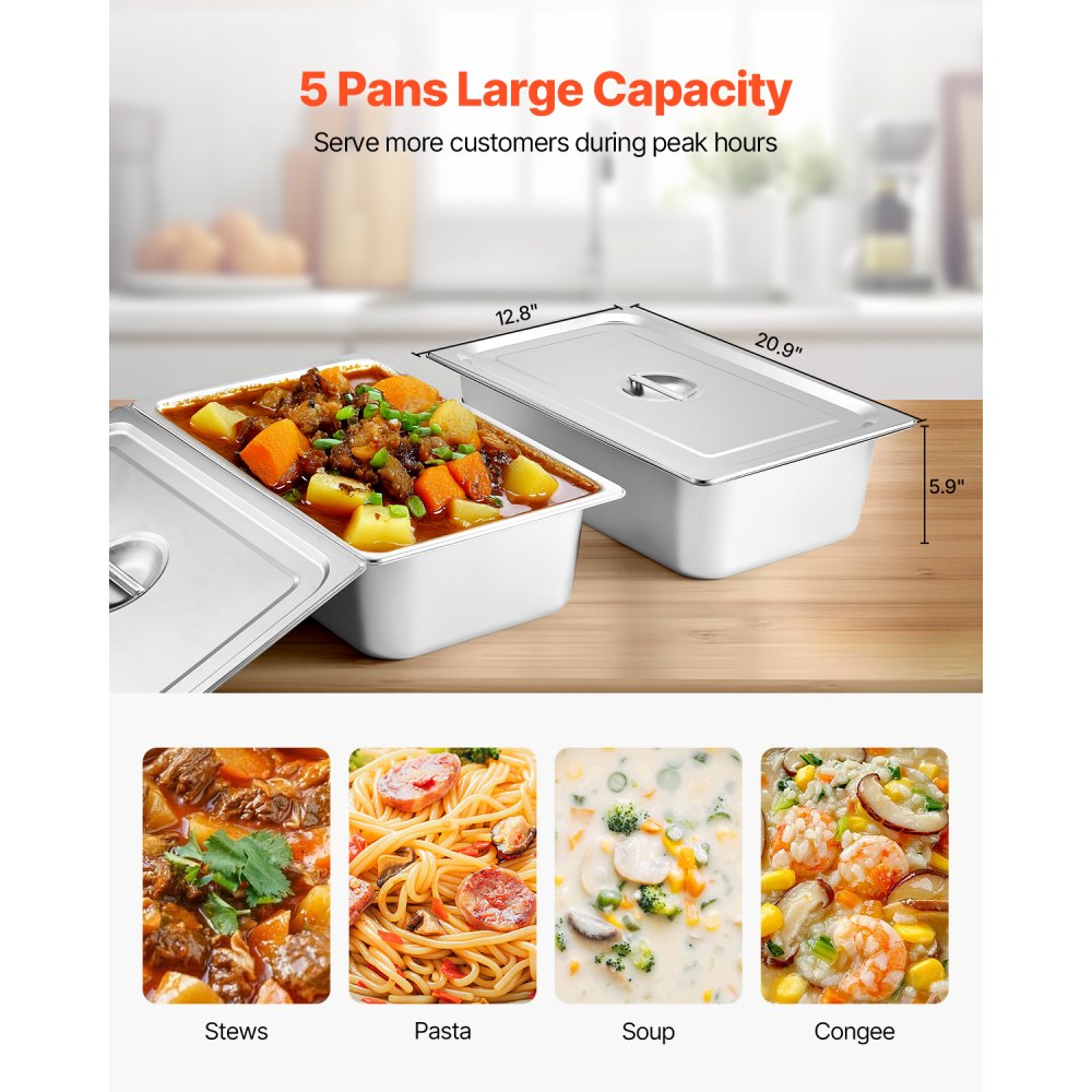 VEVOR 5-Pan Commercial Food Warmer, Electric Steam Table with Independent Temperature Control, 750W x 5 Stainless Steel Buffet Catering Food Warmer with Undershelf and Workspace, for Restaurant