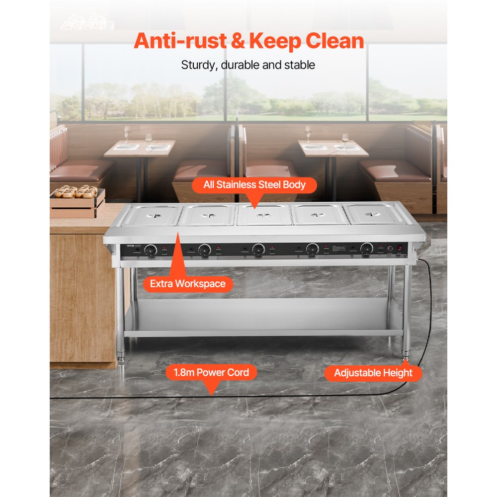 VEVOR 5-Pan Commercial Food Warmer, Electric Steam Table with Independent Temperature Control, 750W x 5 Stainless Steel Buffet Catering Food Warmer with Undershelf and Workspace, for Restaurant
