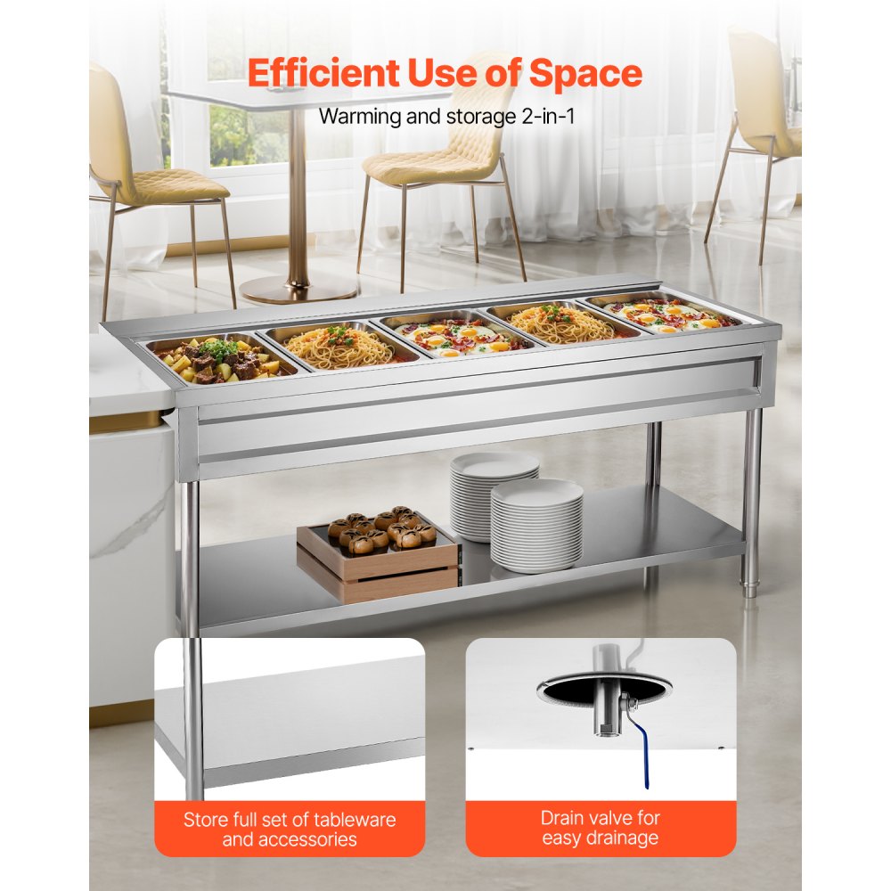 VEVOR 5-Pan Commercial Food Warmer, Electric Steam Table with Independent Temperature Control, 750W x 5 Stainless Steel Buffet Catering Food Warmer with Undershelf and Workspace, for Restaurant