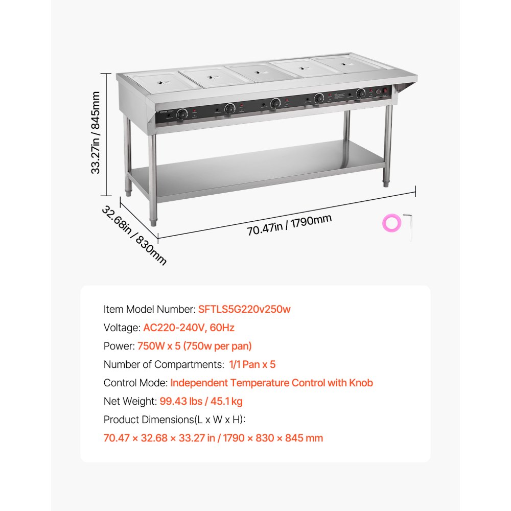 VEVOR 5-Pan Commercial Food Warmer, Electric Steam Table with Independent Temperature Control, 750W x 5 Stainless Steel Buffet Catering Food Warmer with Undershelf and Workspace, for Restaurant