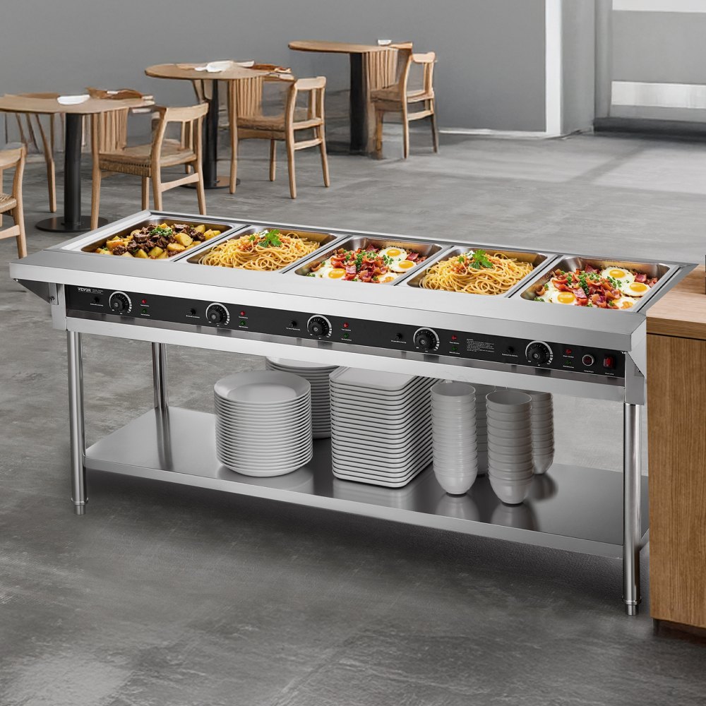 VEVOR 5-Pan Commercial Food Warmer, Electric Steam Table with Independent Temperature Control, 750W x 5 Stainless Steel Buffet Catering Food Warmer with Undershelf and Workspace, for Restaurant