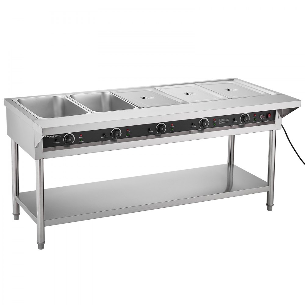 VEVOR 5-Pan Commercial Food Warmer, Electric Steam Table with Independent Temperature Control, 750W x 5 Stainless Steel Buffet Catering Food Warmer with Undershelf and Workspace, for Restaurant