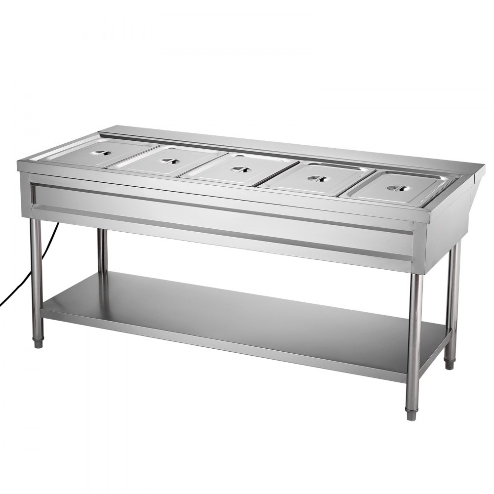 VEVOR 5-Pan Commercial Food Warmer, Electric Steam Table with Independent Temperature Control, 750W x 5 Stainless Steel Buffet Catering Food Warmer with Undershelf and Workspace, for Restaurant