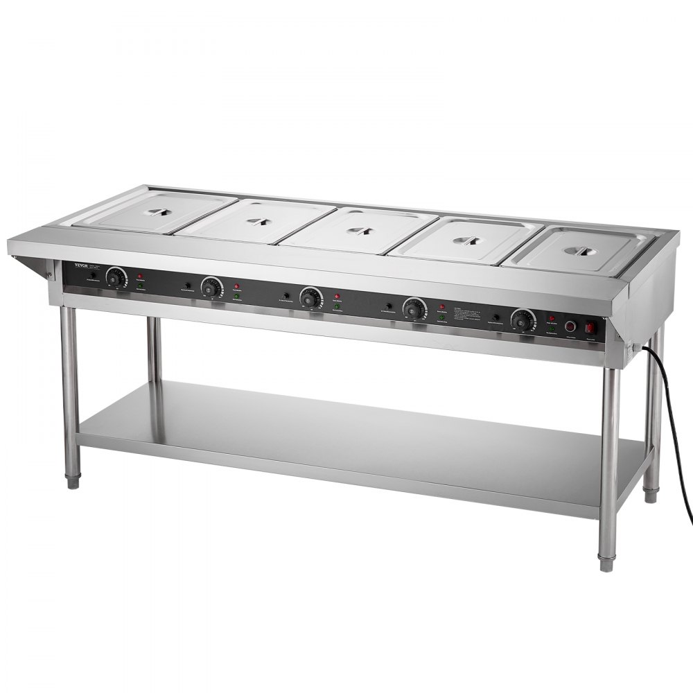 VEVOR 5-Pan Commercial Food Warmer, Electric Steam Table with Independent Temperature Control, 750W x 5 Stainless Steel Buffet Catering Food Warmer with Undershelf and Workspace, for Restaurant