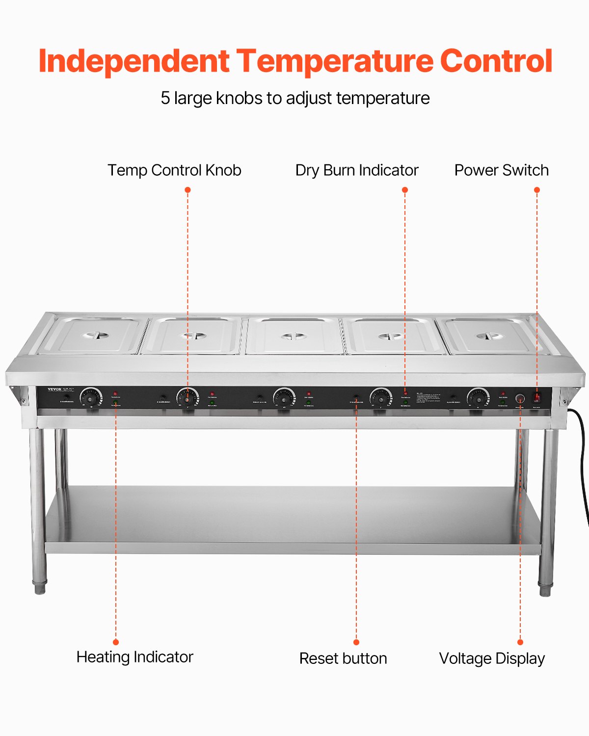 VEVOR 5-Pan Commercial Food Warmer, Electric Steam Table with Independent Temperature Control, 750W x 5 Stainless Steel Buffet Catering Food Warmer with Undershelf and Workspace, for Restaurant