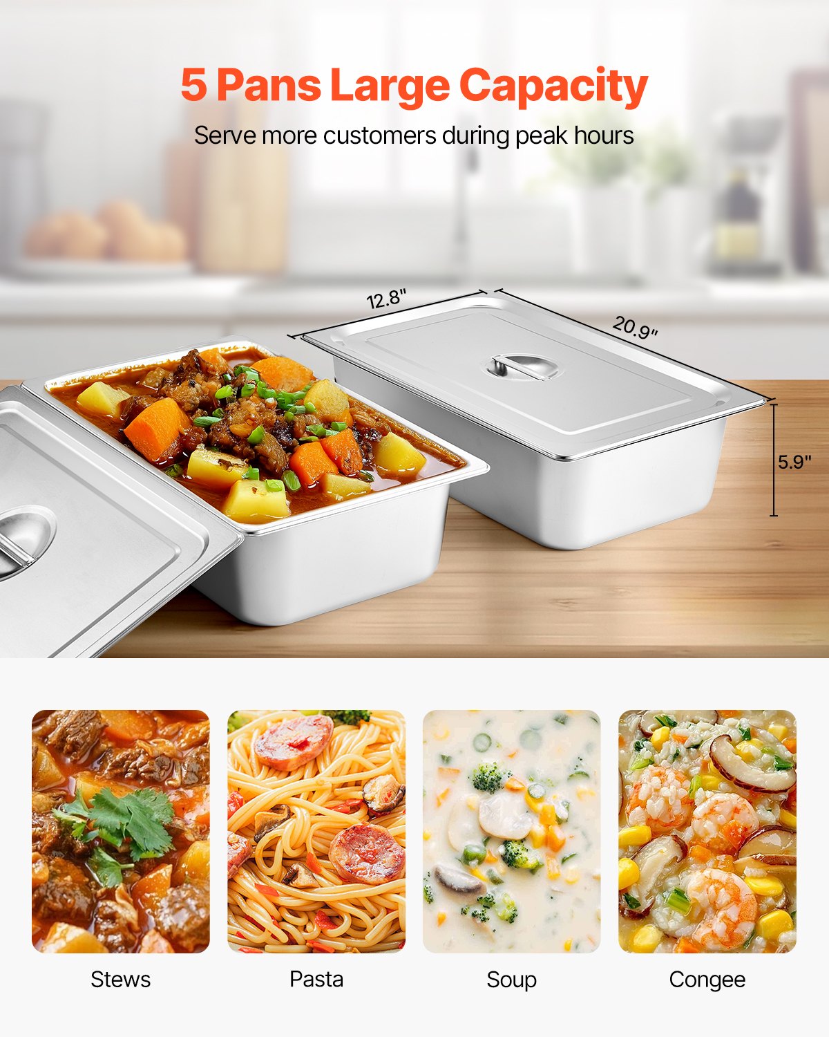 VEVOR 5-Pan Commercial Food Warmer, Electric Steam Table with Independent Temperature Control, 750W x 5 Stainless Steel Buffet Catering Food Warmer with Undershelf and Workspace, for Restaurant