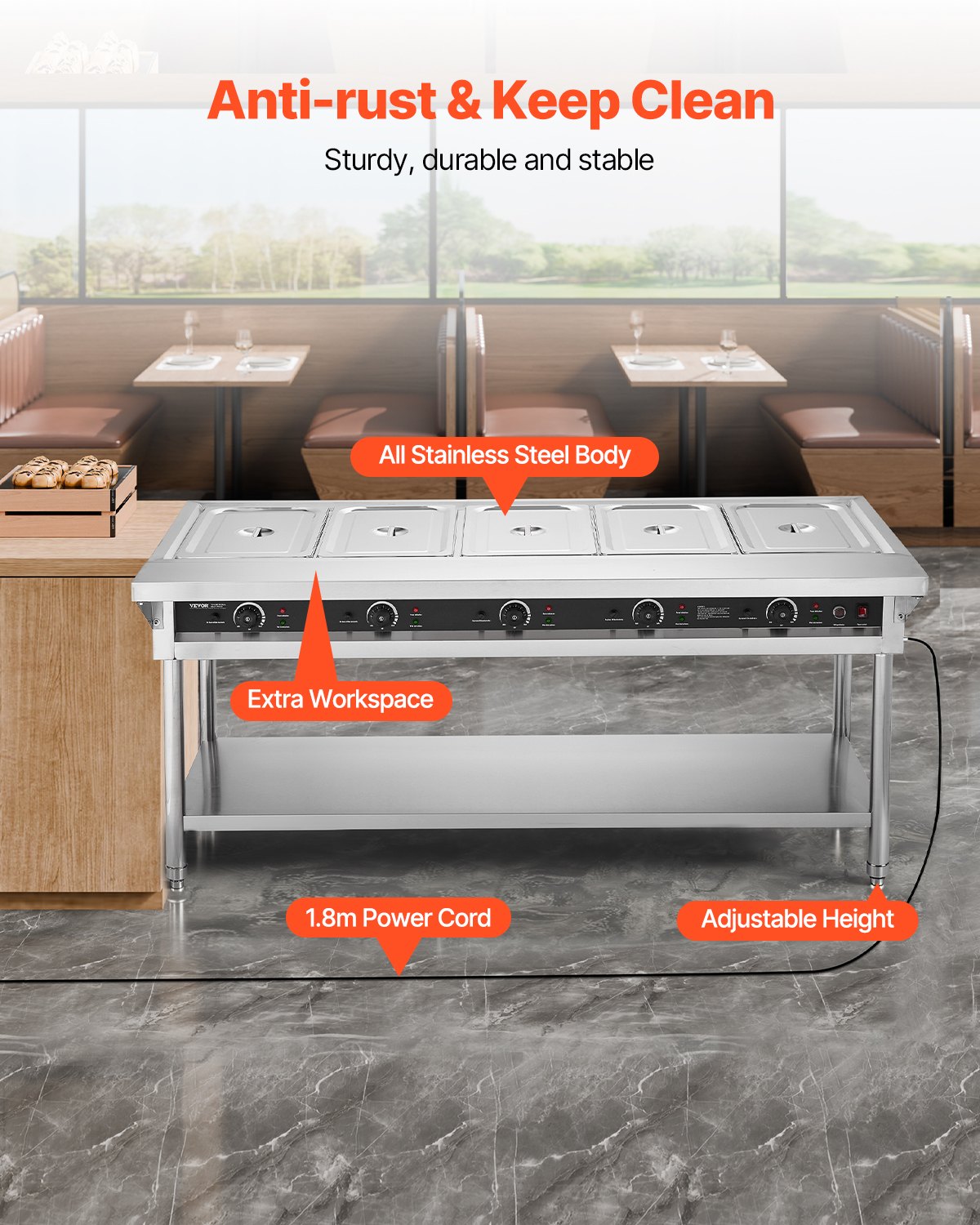 VEVOR 5-Pan Commercial Food Warmer, Electric Steam Table with Independent Temperature Control, 750W x 5 Stainless Steel Buffet Catering Food Warmer with Undershelf and Workspace, for Restaurant