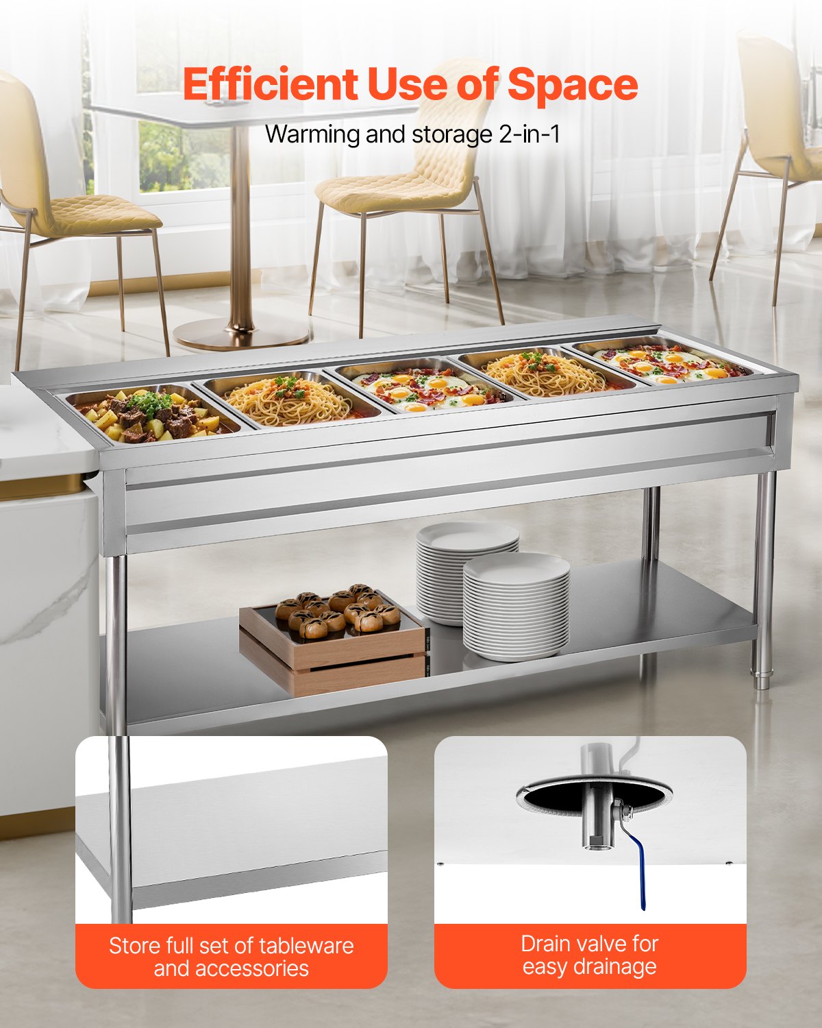 VEVOR 5-Pan Commercial Food Warmer, Electric Steam Table with Independent Temperature Control, 750W x 5 Stainless Steel Buffet Catering Food Warmer with Undershelf and Workspace, for Restaurant