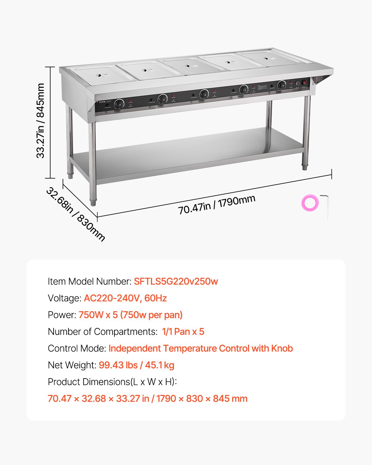 VEVOR 5-Pan Commercial Food Warmer, Electric Steam Table with Independent Temperature Control, 750W x 5 Stainless Steel Buffet Catering Food Warmer with Undershelf and Workspace, for Restaurant