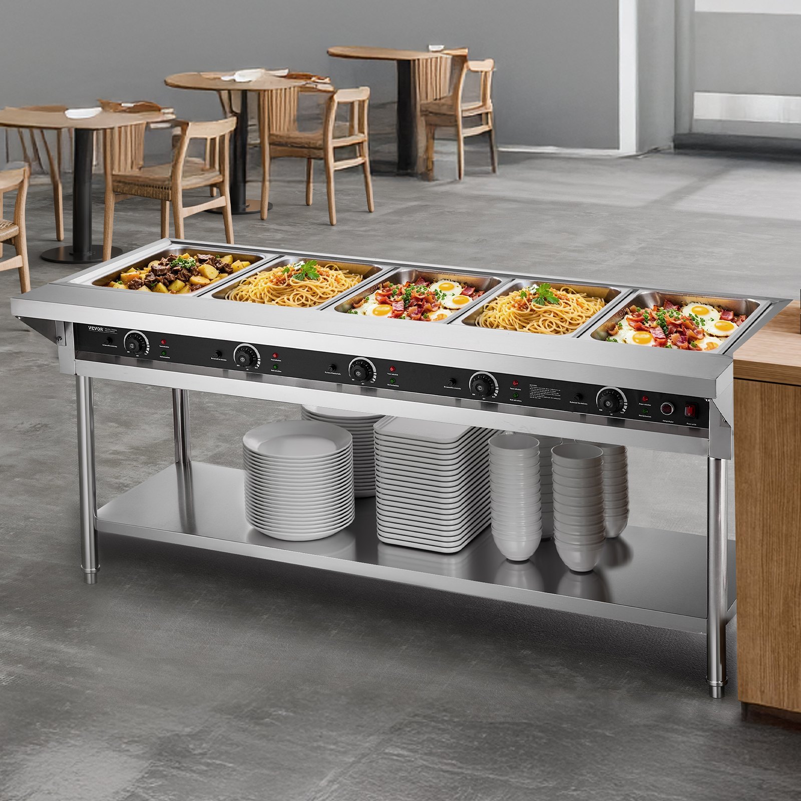 VEVOR 5-Pan Commercial Food Warmer, Electric Steam Table with Independent Temperature Control, 750W x 5 Stainless Steel Buffet Catering Food Warmer with Undershelf and Workspace, for Restaurant