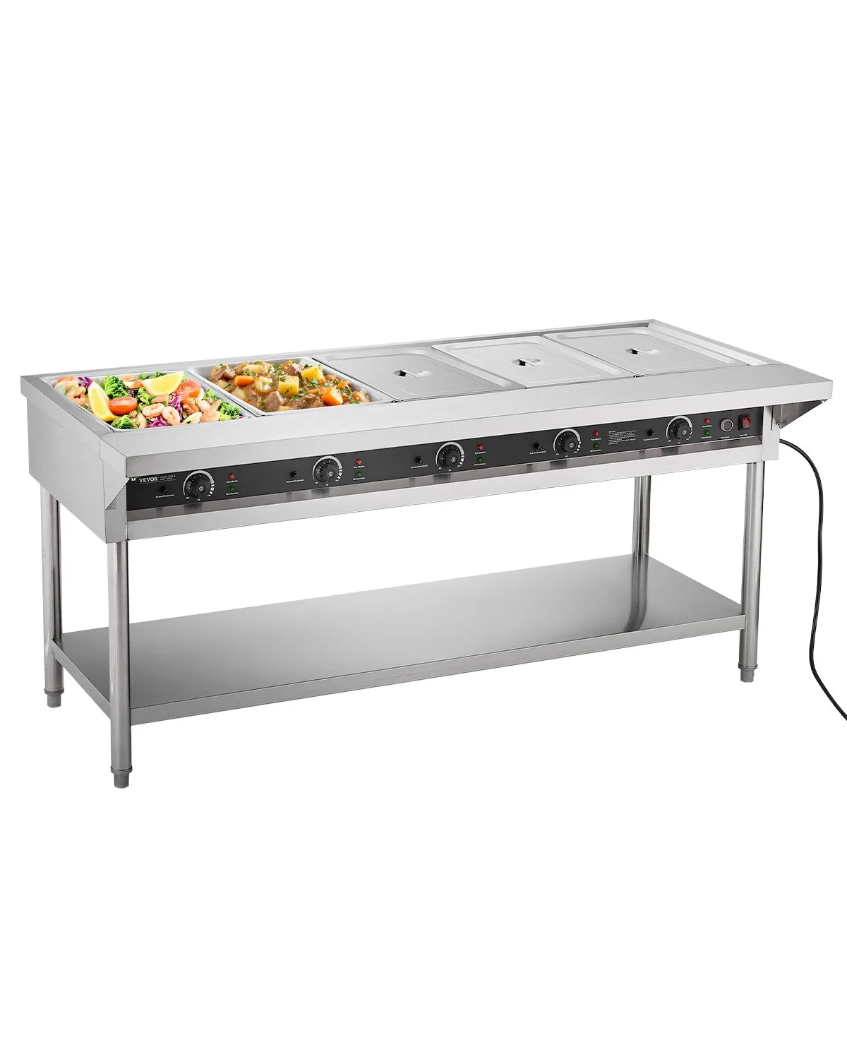 VEVOR 5-Pan Commercial Food Warmer, Electric Steam Table with Independent Temperature Control, 750W x 5 Stainless Steel Buffet Catering Food Warmer with Undershelf and Workspace, for Restaurant